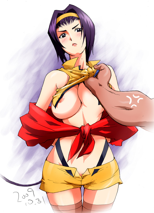 kon-kit, faye valentine, cowboy bebop, bad id, bad pixiv id, 1990s (style), 1girl, 2009, anger vein, areola slip, arms behind back, bare shoulders, blush, breasts, brown thighhighs, clothes pull, cowboy shot, dated, facing viewer, female focus, hairband, headband, jacket, large breasts, legs together, male hand, midriff, nipple slip, nipples, off-shoulder jacket, off shoulder, open clothes, open shorts, parted bangs, purple background, purple hair, red jacket, restrained, retro artstyle, revealing clothes, shirt pull, short hair, shorts, simple background, solo, standing, thigh gap, thighhighs, tied jacket, two-tone background, white background, yellow hairband, yellow shorts