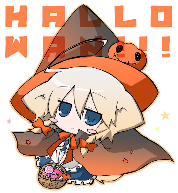 nejikirio, inu sakuya (nejikirio), izayoi sakuya, touhou, silver hair, 1girl, ahoge, animal ears, blue eyes, braid, dog ears, dog tail, female focus, food-themed hair ornament, hair ornament, halloween, maid, pumpkin hair ornament, pun, short hair, solo, tail, twin braids