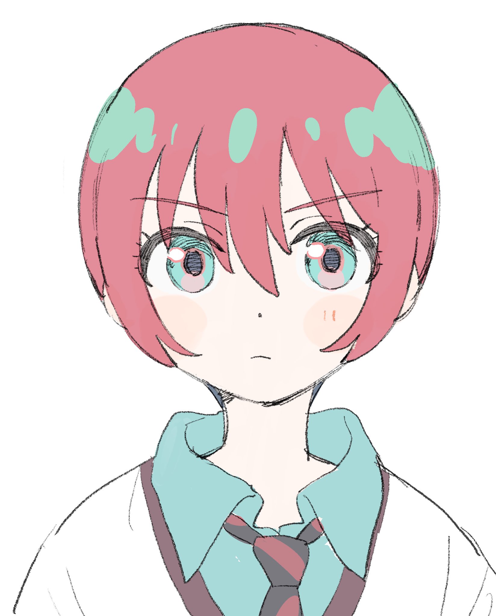 tenohira (tenoo), amate yuzuriha, gundam, gundam gquuuuuux, commentary request, highres, 1girl, aqua eyes, aqua shirt, blush stickers, closed mouth, collared shirt, dot nose, hair between eyes, looking at viewer, necktie, red hair, shirt, short hair, sidelocks, simple background, solo, straight-on, striped clothes, striped necktie, sweater, upper body, very short hair, white background, white sweater