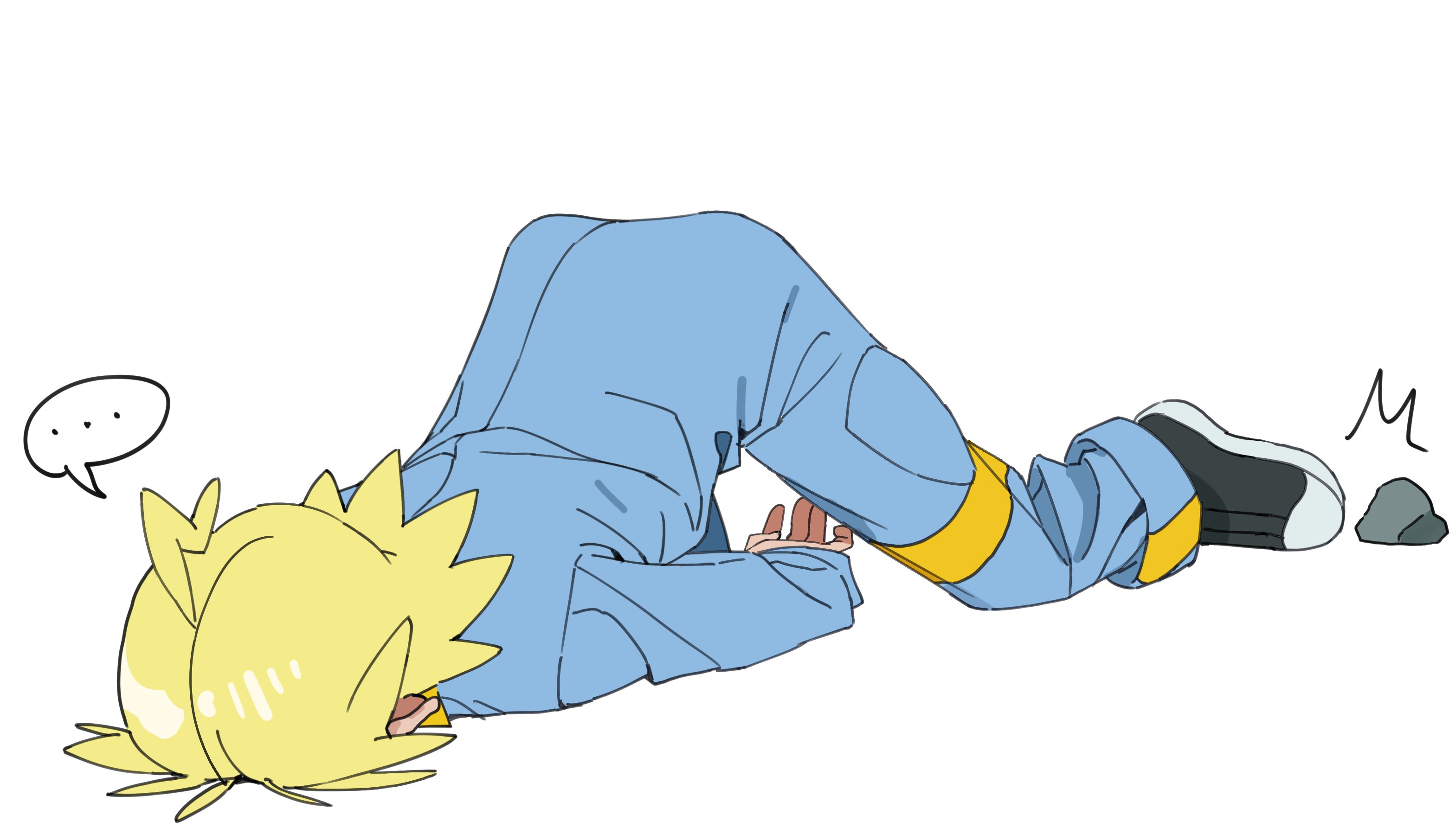 pokesudal, clemont (pokemon), nintendo, pokemon, pokemon xy, commentary request, highres, korean commentary, …, 1boy, black shoes, blonde hair, blue jumpsuit, fallen down, full body, jumpsuit, long sleeves, male focus, medium hair, rock, shoes, solo, spoken ellipsis, top-down bottom-up, white background