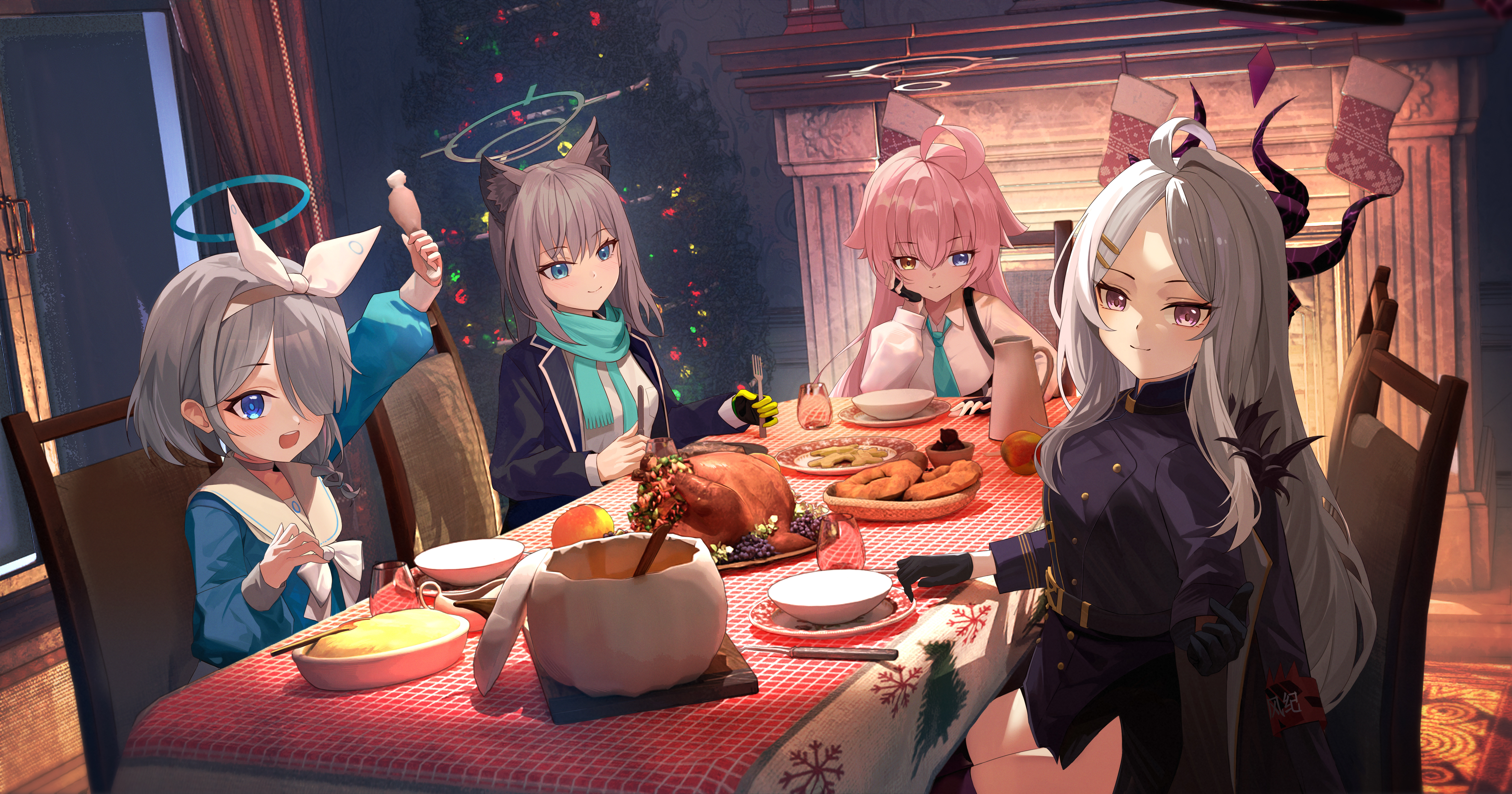 manjie, arona (blue archive), hina (blue archive), hoshino (blue archive), shiroko (blue archive), blue archive, absurdres, commentary request, highres, 4girls, ahoge, animal ears, armband, black coat, black gloves, black halo, blue eyes, blue hair, breasts, christmas, coat, coat on shoulders, demon girl, demon horns, food, fork, gloves, grey hair, halo, heterochromia, holding, holding fork, horns, indoors, long hair, looking at viewer, multiple girls, night, pink hair, pink halo, purple eyes, red armband, sitting, small breasts, table, very long hair, white hair, wolf ears
