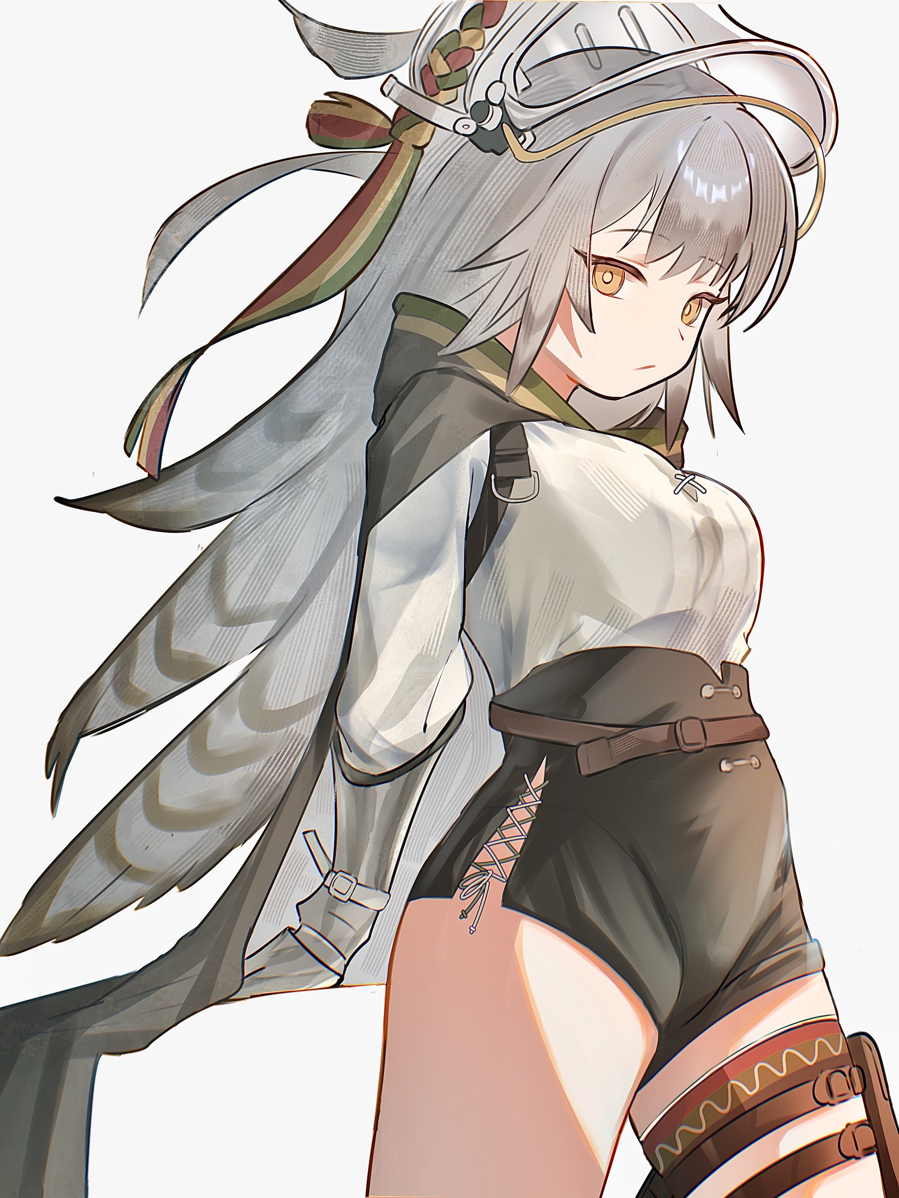 fartooth (arknights), arknights, absurdres, commentary request, highres, 1girl, bird girl, black shorts, cape, cross-laced clothes, cross-laced shorts, feather hair, gauntlets, grey hair, high-waist shorts, long hair, looking at viewer, patipatipati pa, pouch, shirt, shorts, side-tie shorts, simple background, solo, thigh pouch, thigh strap, very long hair, visor (armor), white background, white shirt, yellow eyes