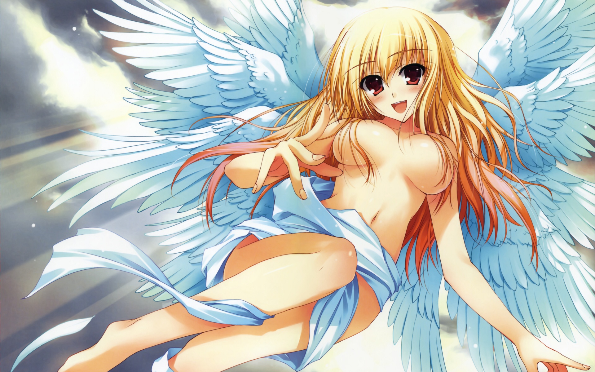 tomose shunsaku, highres, third-party edit, 1girl, angel, angel wings, barefoot, blonde hair, blush, breasts, censored, convenient censoring, female focus, flying, hair censor, hair over breasts, large breasts, long hair, multiple wings, red eyes, seraph, sky, smile, solo, topless female, wings