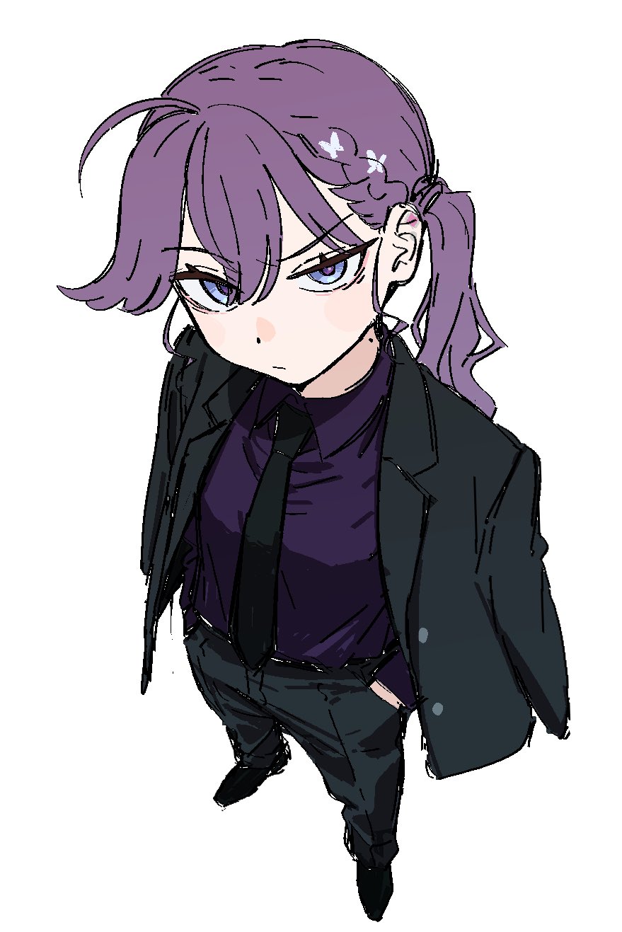 tenohira (tenoo), kaya rinha, gakuen idolmaster, idolmaster, commentary request, highres, 1girl, ahoge, black necktie, black pants, blue eyes, closed mouth, collared shirt, from above, full body, glaring, hands in pockets, jacket, jacket on shoulders, long hair, long sleeves, looking at viewer, mole, mole on neck, necktie, pants, purple hair, purple shirt, raised eyebrow, shirt, shirt tucked in, shoes, simple background, solo, standing, white background