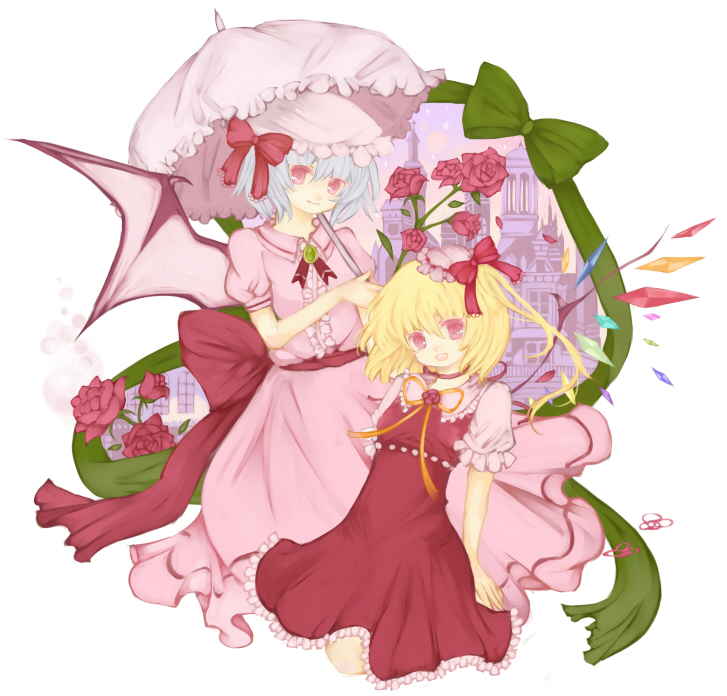 souka (souspirit), flandre scarlet, remilia scarlet, touhou, bad id, 2girls, bat wings, blonde hair, blue hair, female focus, hat, multiple girls, ponytail, red eyes, short hair, siblings, side ponytail, sisters, umbrella, wings