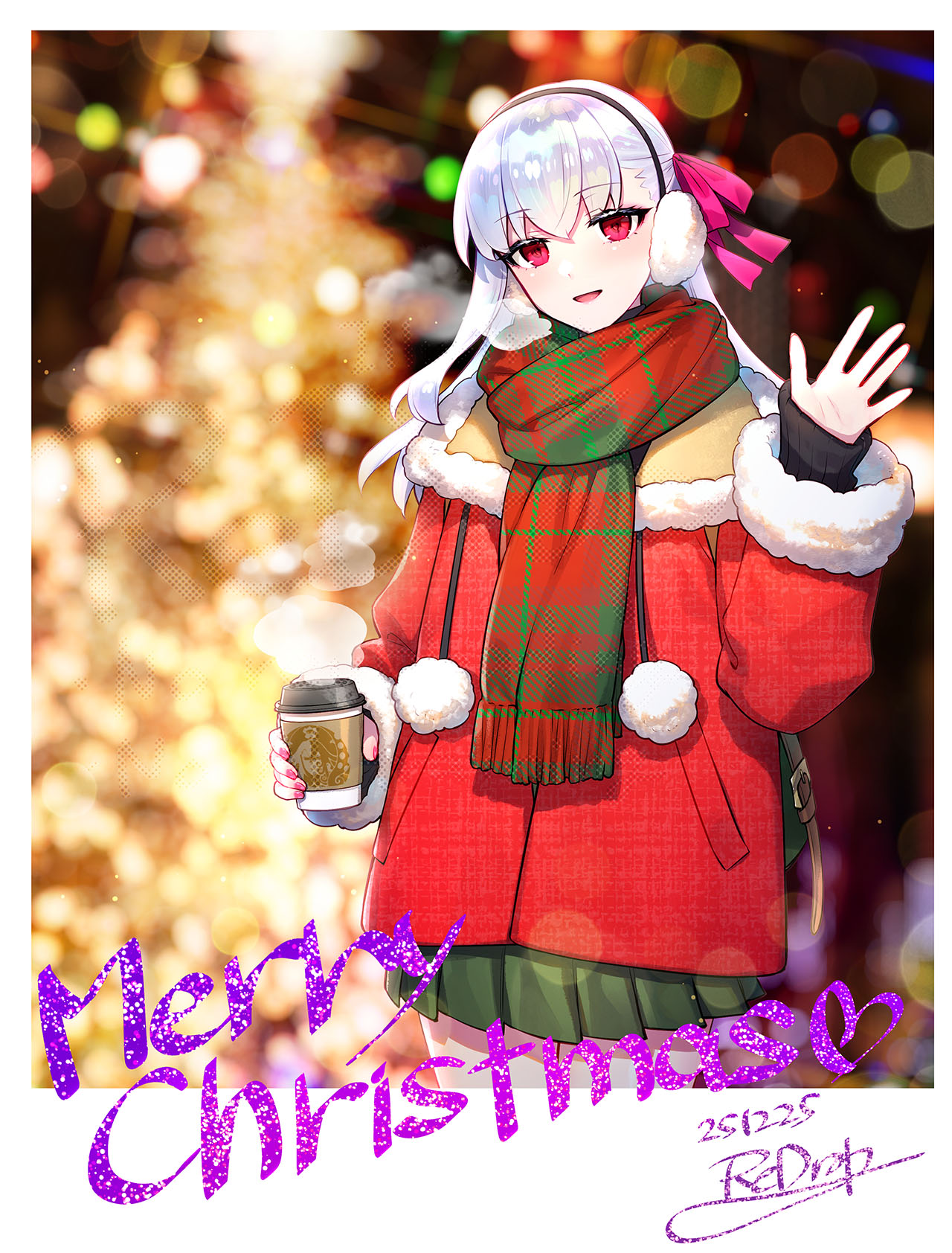 redrop, kama (fate), kama (teenager) (fate), fate/grand order, fate (series), highres, 1girl, blush, christmas, christmas tree, cup, disposable coffee cup, disposable cup, earmuffs, green skirt, hair ribbon, jacket, long hair, long sleeves, looking at viewer, merry christmas, open mouth, red eyes, red jacket, red scarf, ribbon, scarf, skirt, smile, solo, white hair