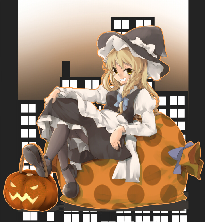 asagi-so, kirisame marisa, touhou, bad id, bad pixiv id, 1girl, blonde hair, braid, female focus, full body, hat, jack-o'-lantern, pantyhose, pumpkin, short hair, solo, witch, witch hat, yellow eyes