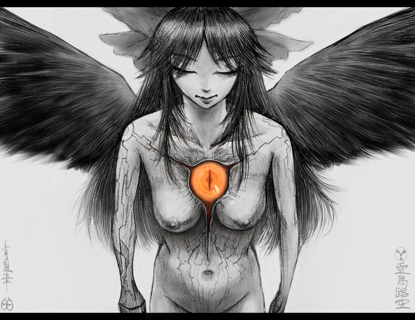 aouji, reiuji utsuho, touhou, 1girl, breasts, female focus, hair ribbon, letterboxed, long hair, monochrome, nipples, nude, ribbon, solo, spot color, wings
