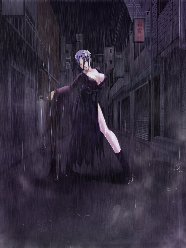 shokuyou mogura, isayama mei, ga-rei, ga-rei zero, bad id, bad pixiv id, 00s, 1girl, breasts, cleavage, female focus, flower, glowing, glowing eyes, hair flower, hair ornament, japanese clothes, large breasts, polearm, purple hair, rain, red eyes, short hair, side slit, solo, spear, torn clothes, weapon, wet