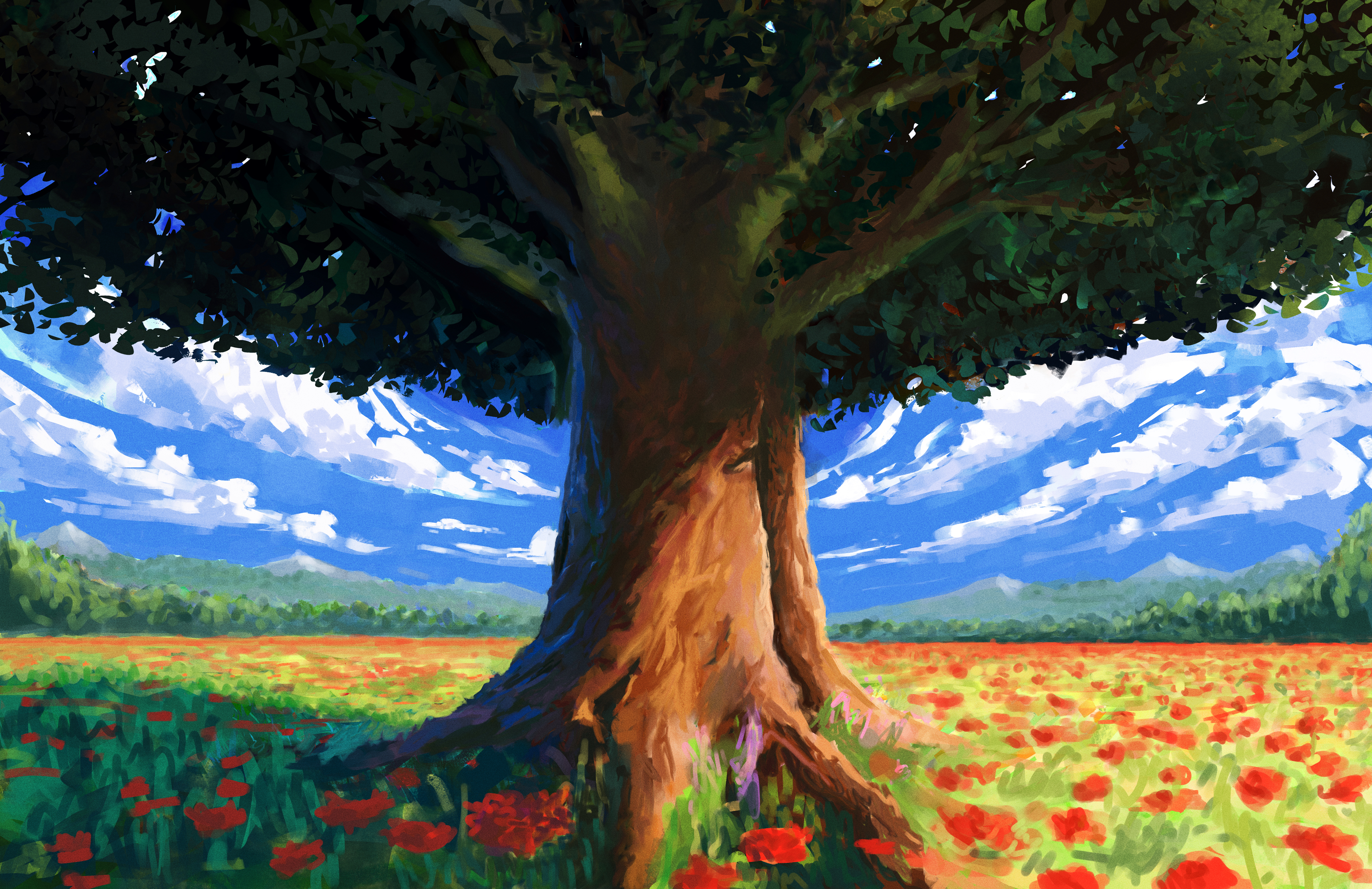 original, absurdres, commentary, english commentary, highres, blue sky, cloud, kasaman (kasaman95), meadow, nature, no humans, plant, plant focus, scenery, sky, summer, tree, tree shade