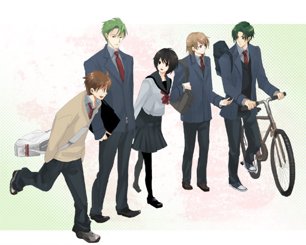 hanakago, aran (fire emblem), edward (fire emblem), laura (fire emblem), leonardo (fire emblem), sothe (fire emblem), fire emblem, fire emblem: radiant dawn, nintendo, 1girl, 4boys, bag, bicycle, blazer, brown hair, green hair, jacket, long sleeves, multiple boys, necktie, pantyhose, school uniform, serafuku, shoes, sneakers, sweater, thighhighs