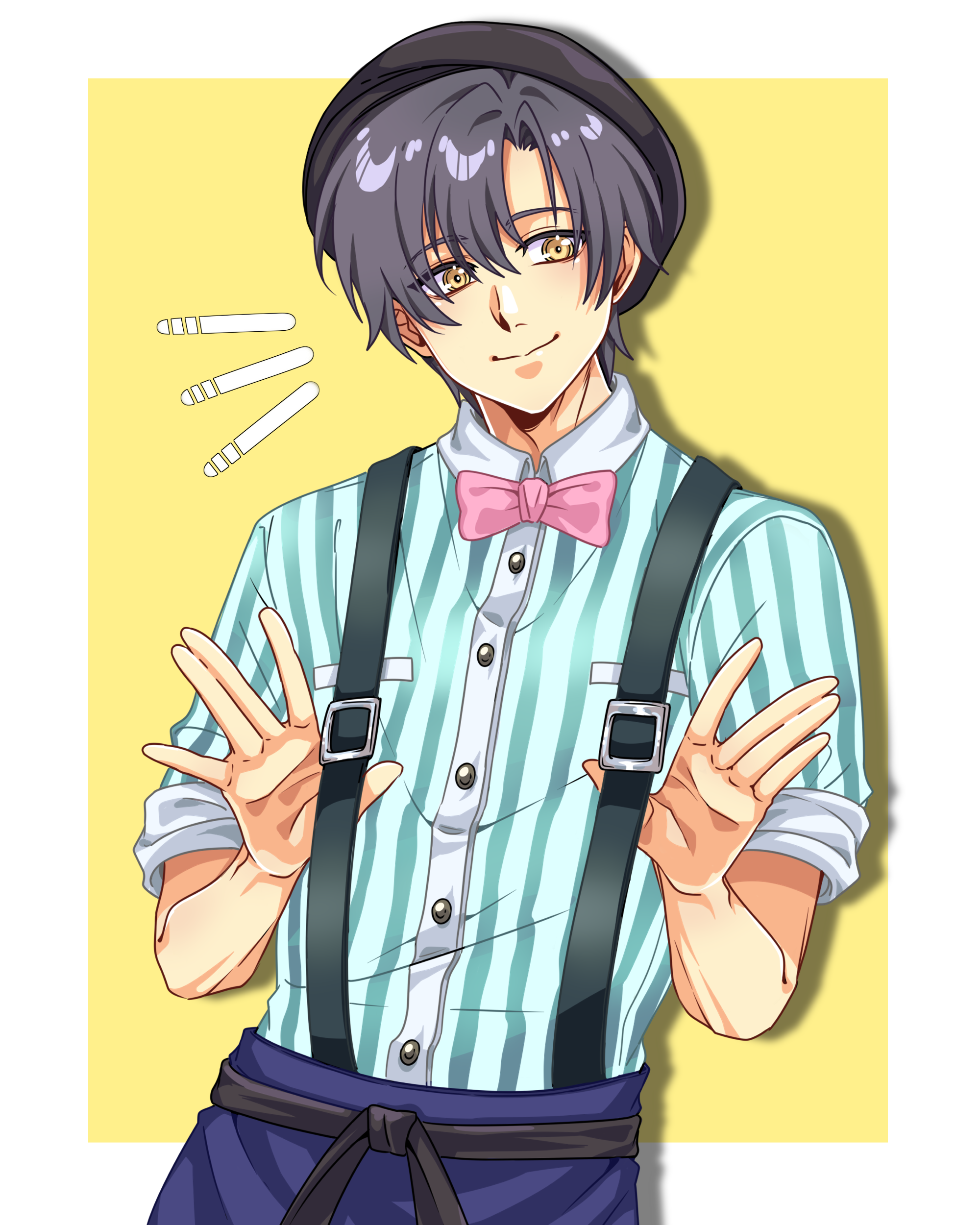 yuzukiyo, joshua bright, eiyuu densetsu, sora no kiseki, absurdres, commentary, english commentary, highres, 1boy, black hair, black hat, border, bow, bowtie, closed mouth, curtained hair, hair between eyes, hat, male focus, parted bangs, pink bow, pink bowtie, shirt, short hair, simple background, sleeves rolled up, smile, solo, striped clothes, striped shirt, suspender pants, traditional bowtie, two-tone background, upper body, vertical-striped clothes, vertical-striped shirt, waiter, white border, yellow background, yellow eyes