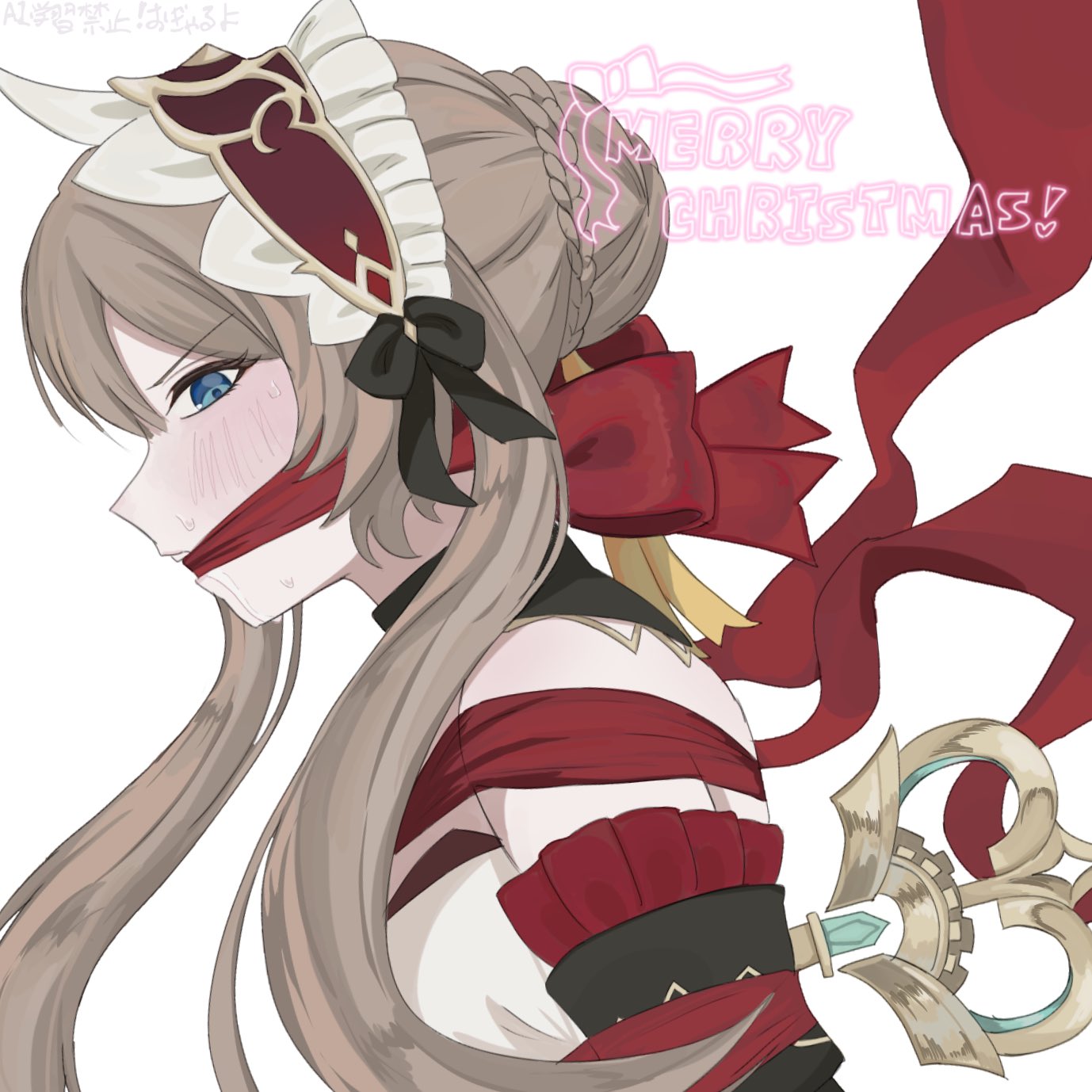 sandrone (genshin impact), genshin impact, commentary request, highres, 1girl, bare shoulders, black bow, blue eyes, bound, bow, cleave gag, cloth gag, frilled hairband, frills, gag, gagged, grey hair, hair bow, hairband, improvised gag, long hair, merry christmas, nari228 gs, red hairband, simple background, solo, tied up (nonsexual), upper body, white background