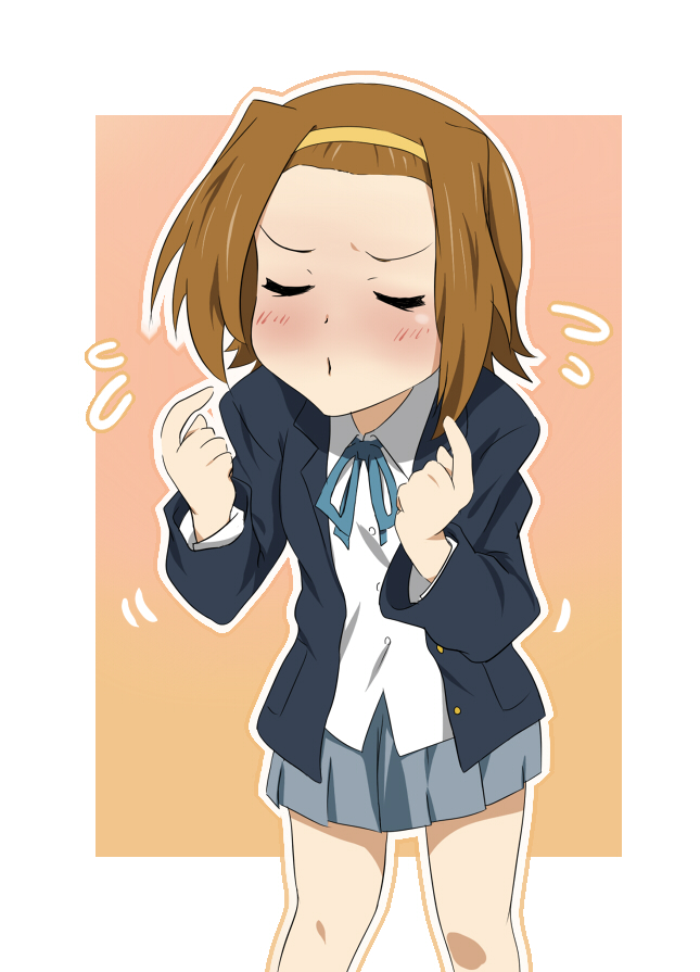 ikari manatsu, tainaka ritsu, k-on!, bad id, bad pixiv id, 00s, 1girl, blush, brown hair, closed eyes, female focus, hairband, incoming kiss, kiss, school uniform, short hair, solo