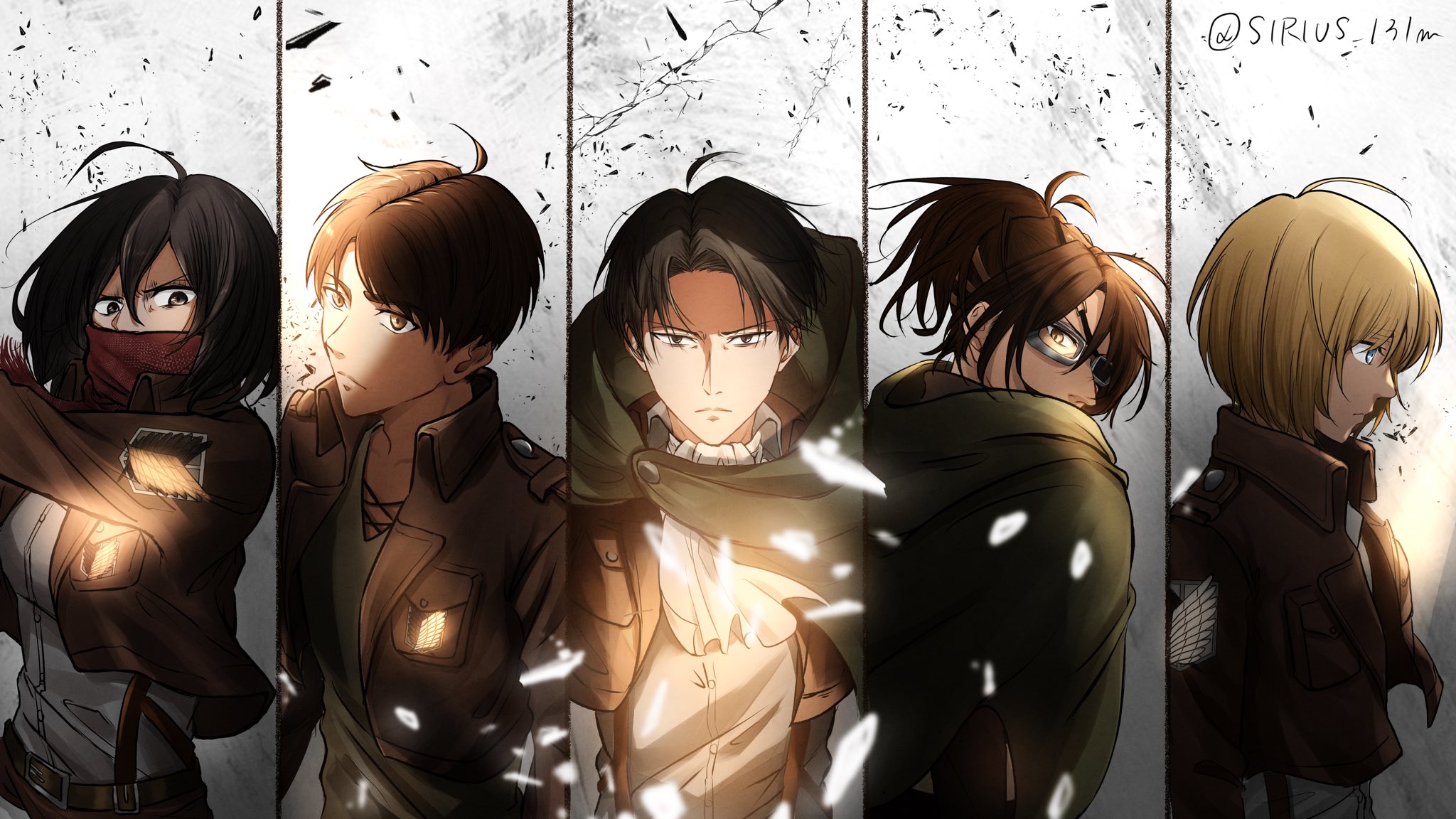 sirius 0905hz, armin arlert, eren yeager, hange zoe, levi (shingeki no kyojin), mikasa ackerman, shingeki no kyojin, commentary request, highres, tagme, 2girls, 3boys, artist name, multiple boys, multiple girls, short hair