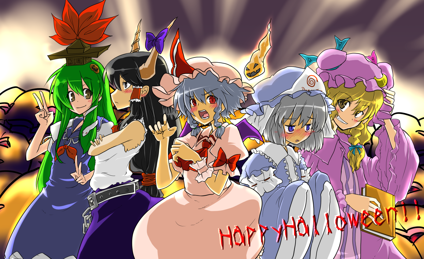 jin kashiwagi, hakurei reimu, ibuki suika, izayoi sakuya, kamishirasawa keine, kirisame marisa, kochiya sanae, konpaku youmu, konpaku youmu (ghost), patchouli knowledge, remilia scarlet, saigyouji yuyuko, touhou, 5girls, blonde hair, cosplay, female focus, hat, ibuki suika (cosplay), kamishirasawa keine (cosplay), multiple girls, patchouli knowledge (cosplay), remilia scarlet (cosplay), saigyouji yuyuko (cosplay)