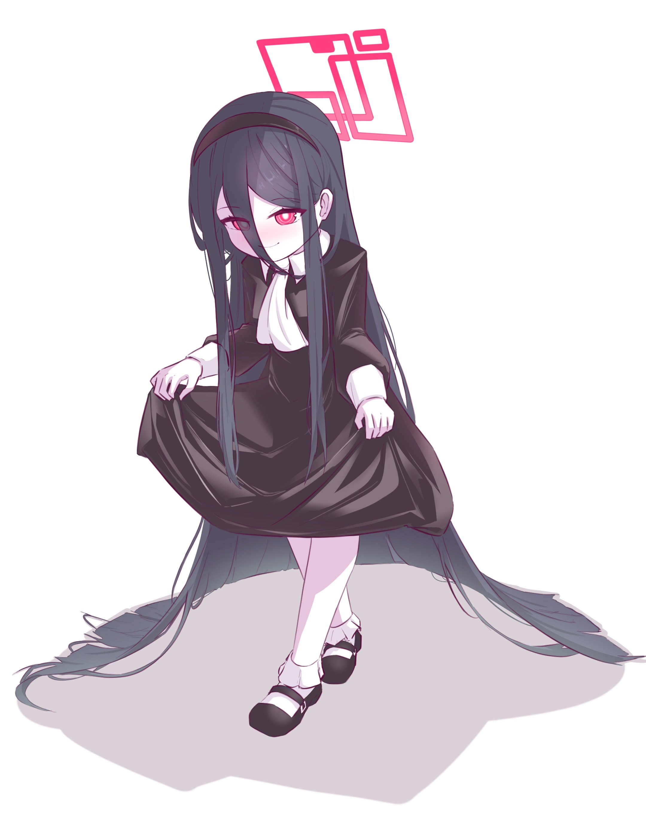 aris (blue archive), blue archive, absurdres, commentary request, highres, korean commentary, 1girl, absurdly long hair, ascot, black dress, black shoes, dark persona, dress, full body, halo, long hair, looking at viewer, minimin346539, red eyes, red halo, ringed eyes, shoes, simple background, skirt hold, smile, socks, solo, very long hair, white ascot, white background, white socks