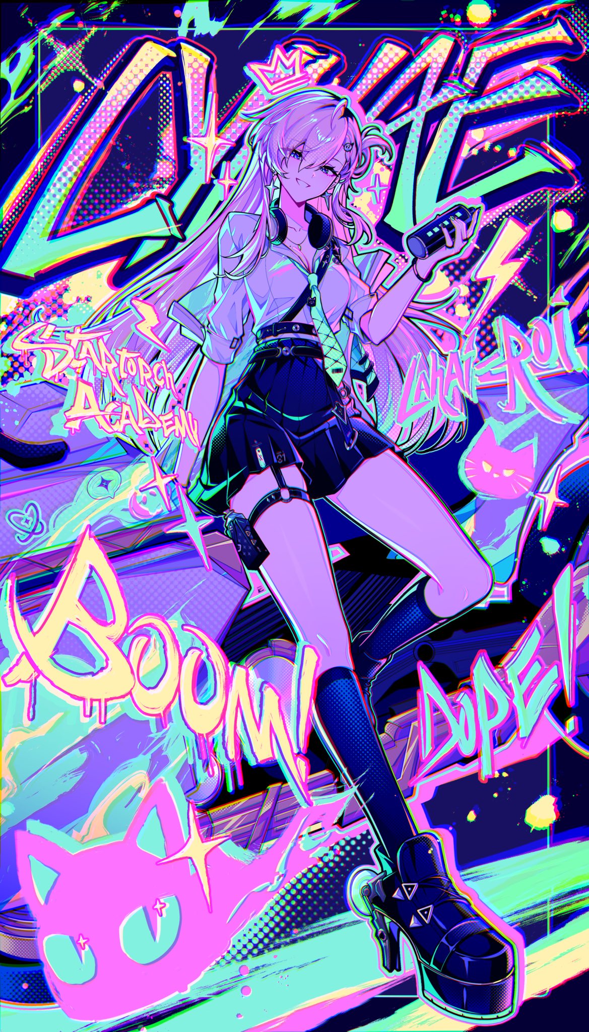 maegjuw, lynae (wuthering waves), wuthering waves, commentary, english commentary, highres, 1girl, aqua necktie, black shoes, black skirt, black socks, blonde hair, blue eyes, breasts, can, cat, character name, cleavage, collarbone, earrings, english text, full body, graffiti, hair between eyes, hair ornament, headphones, headphones around neck, holding, holding can, jewelry, kneehighs, long hair, looking at viewer, medium breasts, necklace, necktie, paint, pleated skirt, shirt, shirt tucked in, shoes, skirt, skull hair ornament, smile, socks, solo, spray can, standing, star (symbol), star earrings, white shirt