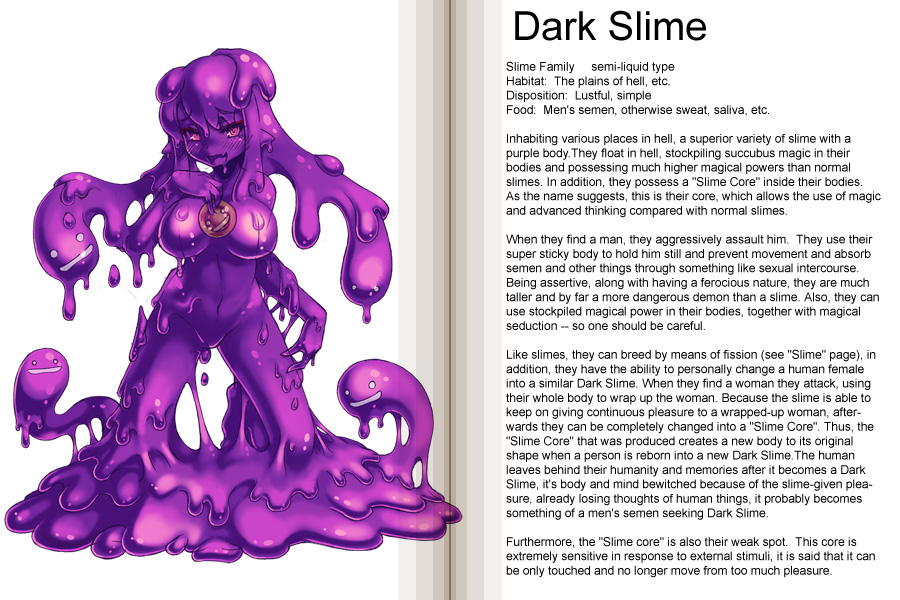 kenkou cross, dark slime, monster girl encyclopedia, blush, breasts, character profile, looking at viewer, monster girl, slime girl