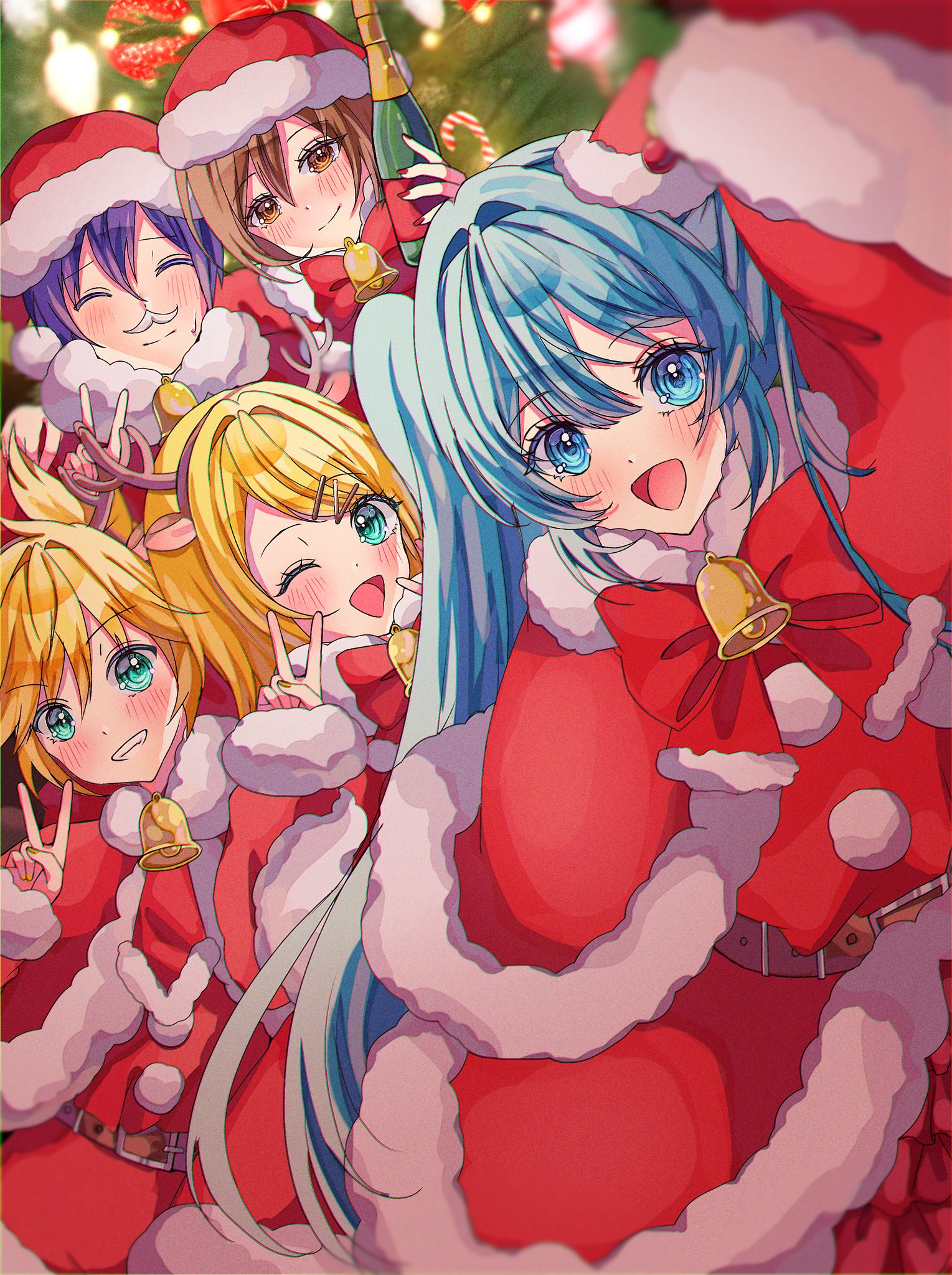 tsfl0017, hatsune miku, kagamine len, kagamine rin, kaito (vocaloid), meiko (vocaloid), vocaloid, commentary request, highres, 2boys, 3girls, aqua eyes, aqua hair, arm up, bell, blonde hair, blue hair, blush, bow, brown eyes, brown hair, capelet, christmas tree, closed eyes, dress, fingernails, fur-trimmed capelet, fur-trimmed dress, fur-trimmed sleeves, fur trim, green eyes, hat, long hair, looking at viewer, multiple boys, multiple girls, nail polish, neck bell, open mouth, red bow, red capelet, red dress, red hat, red nails, red sleeves, santa costume, santa dress, santa hat, short hair, siblings, sisters, smile, twins, twintails, v, very long hair