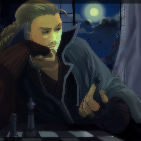 hanakago, bastian (fire emblem), volke (fire emblem), fire emblem, fire emblem: path of radiance, nintendo, 2boys, blonde hair, board game, cape, chess, crossed arms, facial hair, fingerless gloves, gloves, goatee, indoors, jewelry, long sleeves, male focus, moon, moonlight, multiple boys, mustache, night, ring, scarf, sky