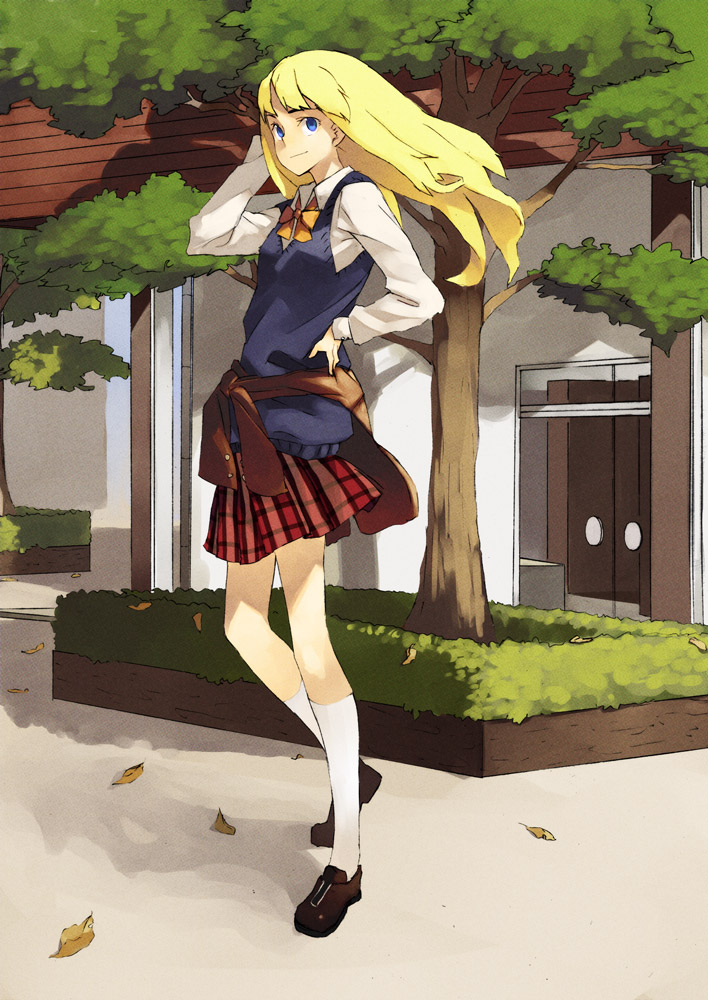 hama (22ji kara 24ji), original, 1girl, blonde hair, blue eyes, clothes around waist, female focus, jacket, jacket around waist, legs, long hair, school uniform, skirt, solo, tree