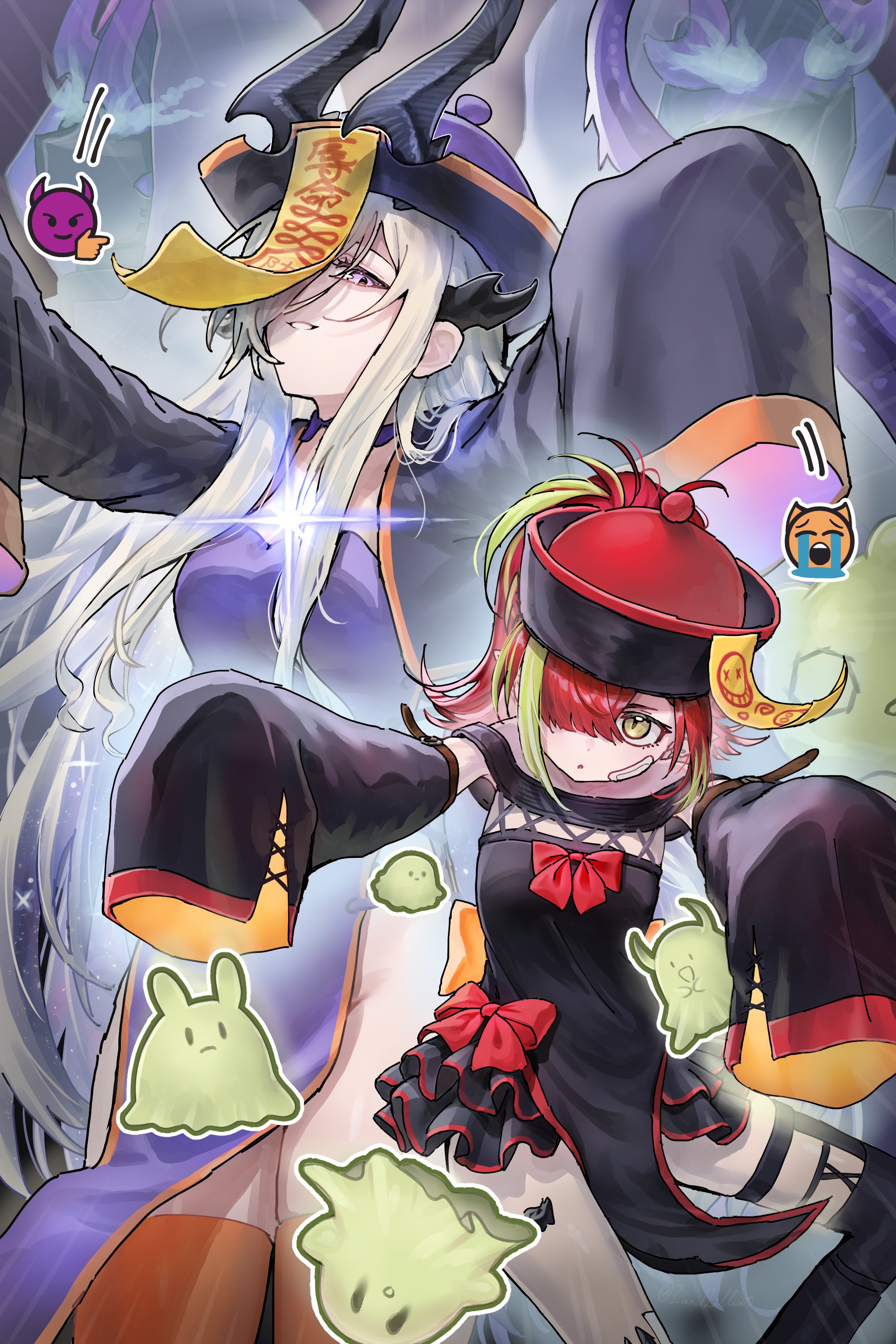 landl, necrass (arknights), tecno (arknights), arknights, absurdres, commentary, highres, symbol-only commentary, 2girls, alternate costume, bandaid, bandaid on face, black dress, black thighhighs, brown eyes, detached sleeves, dragon girl, dragon horns, dragon tail, dress, green hair, halloween, horns, jiangshi costume, long hair, looking at viewer, material growth, multicolored hair, multiple girls, orange thighhighs, oripathy lesion (arknights), pointy ears, puppet dancer (arknights), red hair, streaked hair, tail, thighhighs