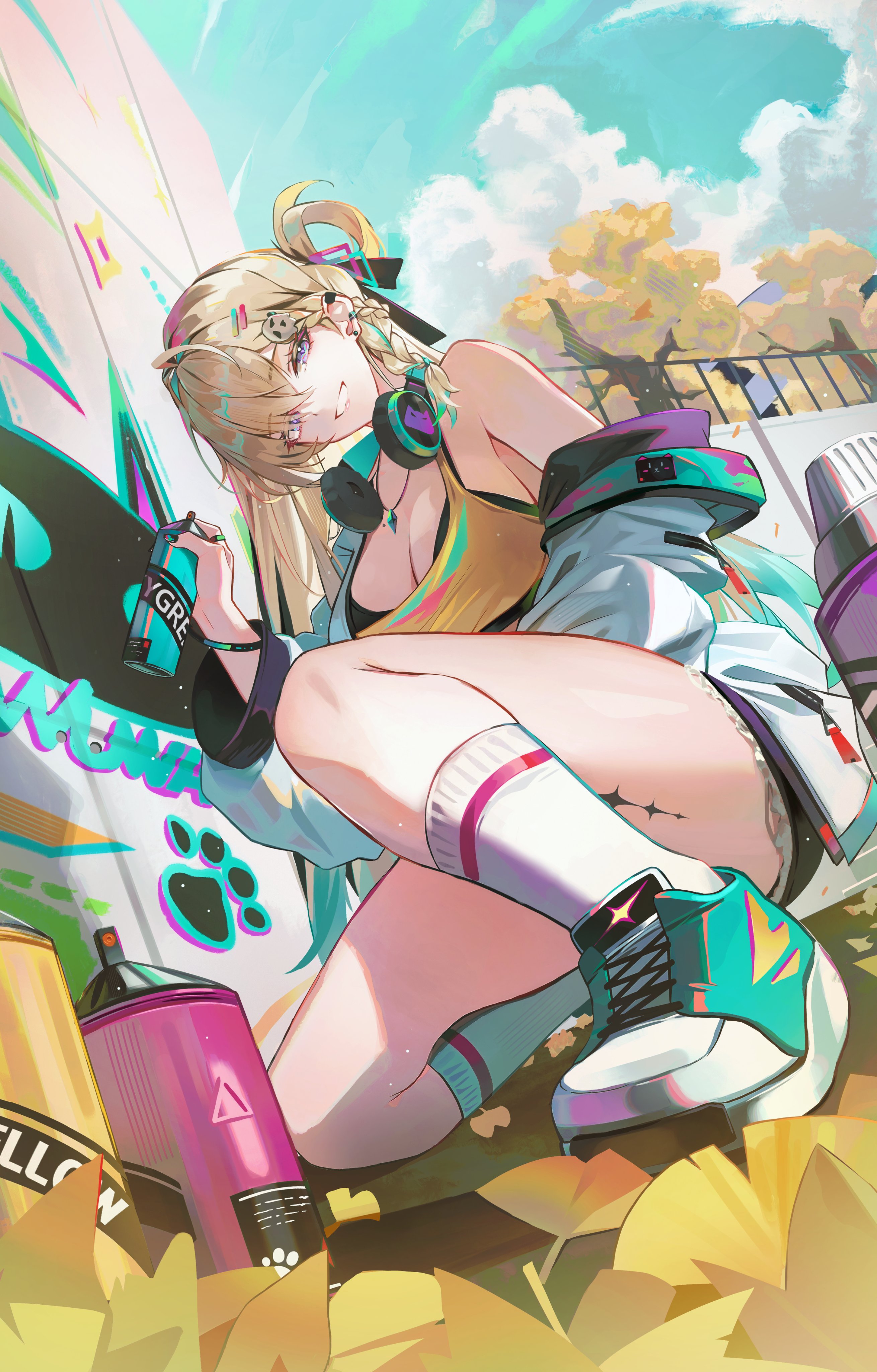 hyonee, lynae (wuthering waves), wuthering waves, absurdres, commentary, highres, 1girl, alternate costume, aqua shoes, bare shoulders, blonde hair, breasts, can, cleavage, day, graffiti, green sky, hair ornament, headphones, headphones around neck, holding, holding can, jacket, large breasts, long hair, looking at viewer, off shoulder, outdoors, purple eyes, shoes, skull hair ornament, sky, smile, socks, solo, spray can, tacet mark (wuthering waves), thighs, white jacket, white socks