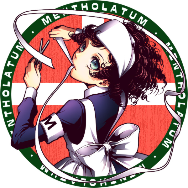 kayu, 1girl, blue eyes, brown hair, copyright name, curly hair, dress, eyelashes, female focus, maid, outside border, pinafore dress, round image, short hair, sleeveless, sleeveless dress, solo, swept bangs