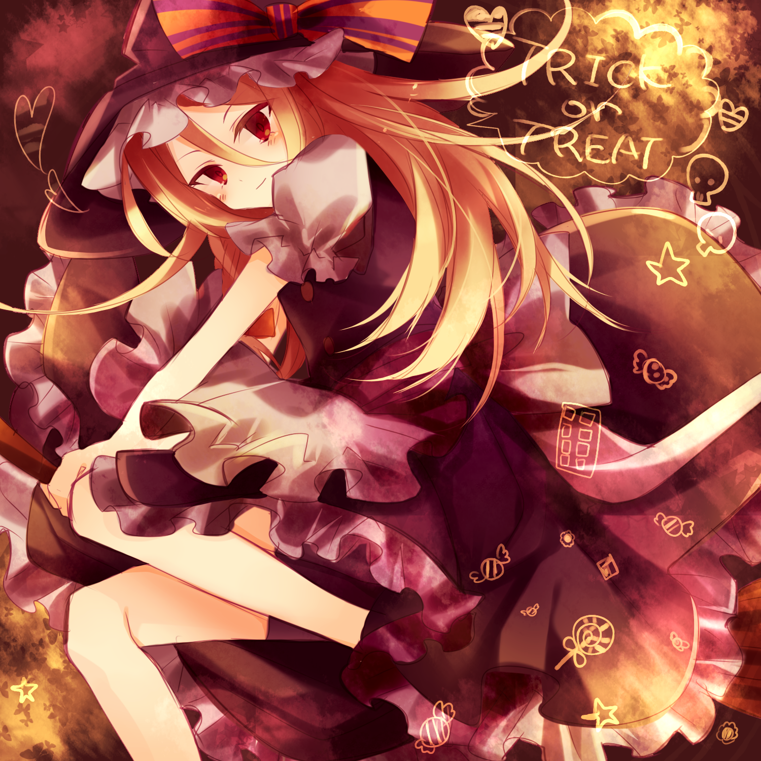 ibara riato, kirisame marisa, touhou, bad id, bad pixiv id, highres, 1girl, blonde hair, female focus, halloween, hat, long hair, red eyes, solo, witch, witch hat