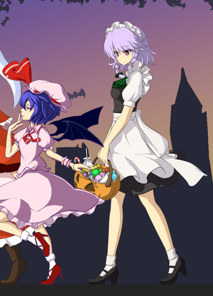 garuku, izayoi sakuya, remilia scarlet, touhou, bad id, bad pixiv id, 3girls, blue hair, braid, female focus, gradient background, halloween, maid, multiple girls, outdoors, pink eyes, purple hair, skirt, sky, wings