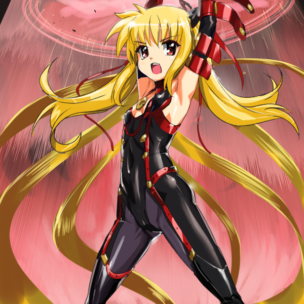makacoon, bayonetta, fate testarossa, bayonetta (series), bayonetta 1, lyrical nanoha, mahou shoujo lyrical nanoha, mahou shoujo lyrical nanoha strikers, 1girl, armpits, arms up, bayonetta (cosplay), blonde hair, bodysuit, cosplay, female focus, flat chest, open mouth, parody, skin tight, solo