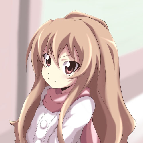 azumaya hironaru, aisaka taiga, toradora!, lowres, 00s, 1girl, brown eyes, brown hair, female focus, long hair, scarf, smile, solo