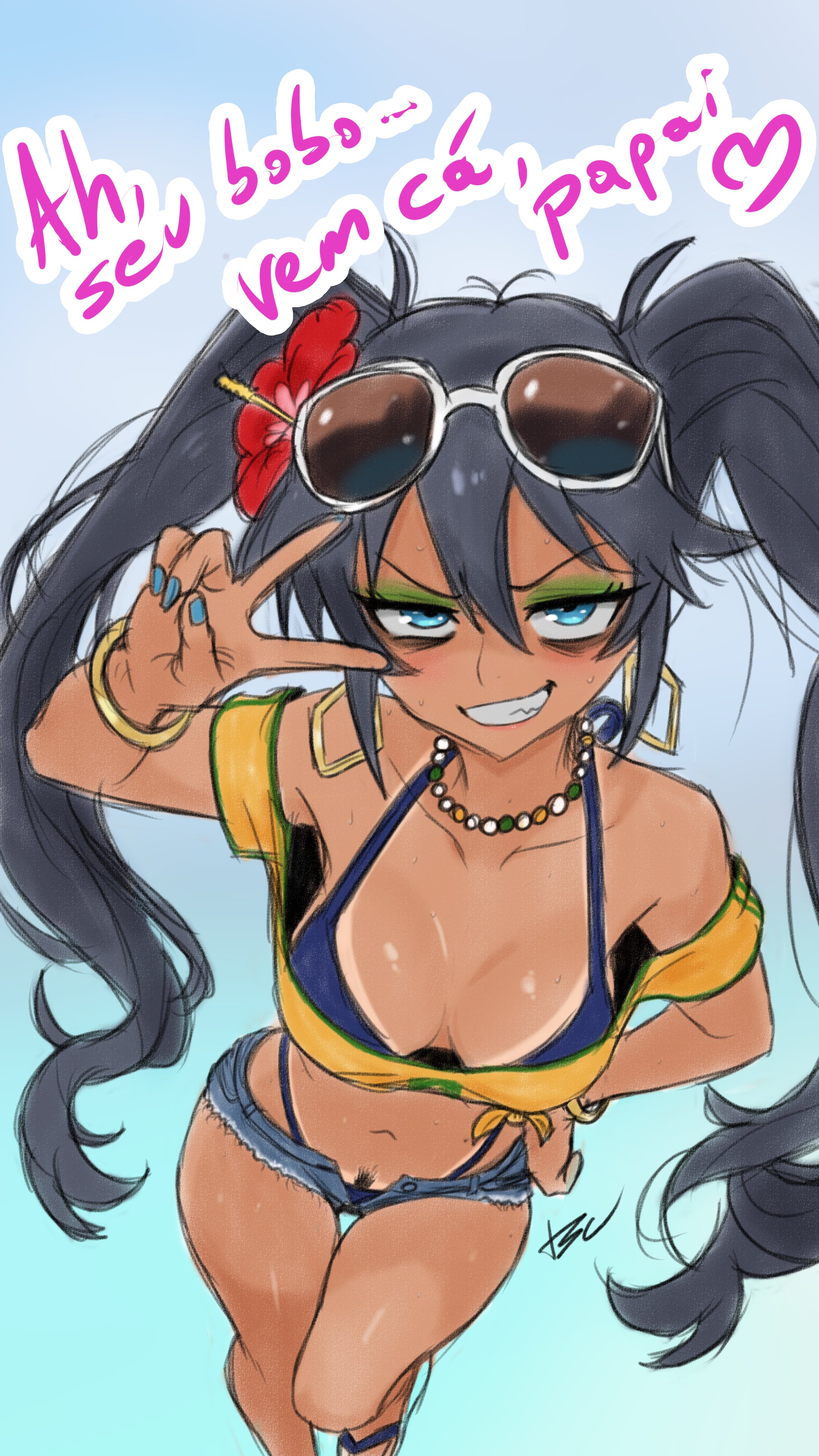 brazilian miku, hatsune miku, original, vocaloid, absurdres, commentary, english commentary, highres, translation request, 1girl, alternate hair color, bags under eyes, bare arms, bare legs, bare shoulders, bead necklace, beads, bikini, bikini under clothes, black hair, black pubic hair, blue background, blue bikini, blue nails, bracelet, brazilian miku (cosplay), breasts, collarbone, cosplay, cutoffs, downblouse, eyeshadow, eyewear on head, fang, female pubic hair, flower, green eyeshadow, grin, hair flower, hair ornament, hand on own hip, hand up, heart, highleg, highleg bikini, its tsuica, jewelry, long hair, looking at viewer, makeup, medium breasts, micro shorts, nail polish, navel, necklace, off-shoulder shirt, off shoulder, open fly, pubic hair, pubic hair peek, rectangular earrings, shirt, short sleeves, shorts, simple background, smile, solo, spanish text, sunglasses, swimsuit, tan, tanline, thigh gap, twintails, v, v-shaped eyebrows, v over eye, very long hair, white-framed eyewear, yellow shirt