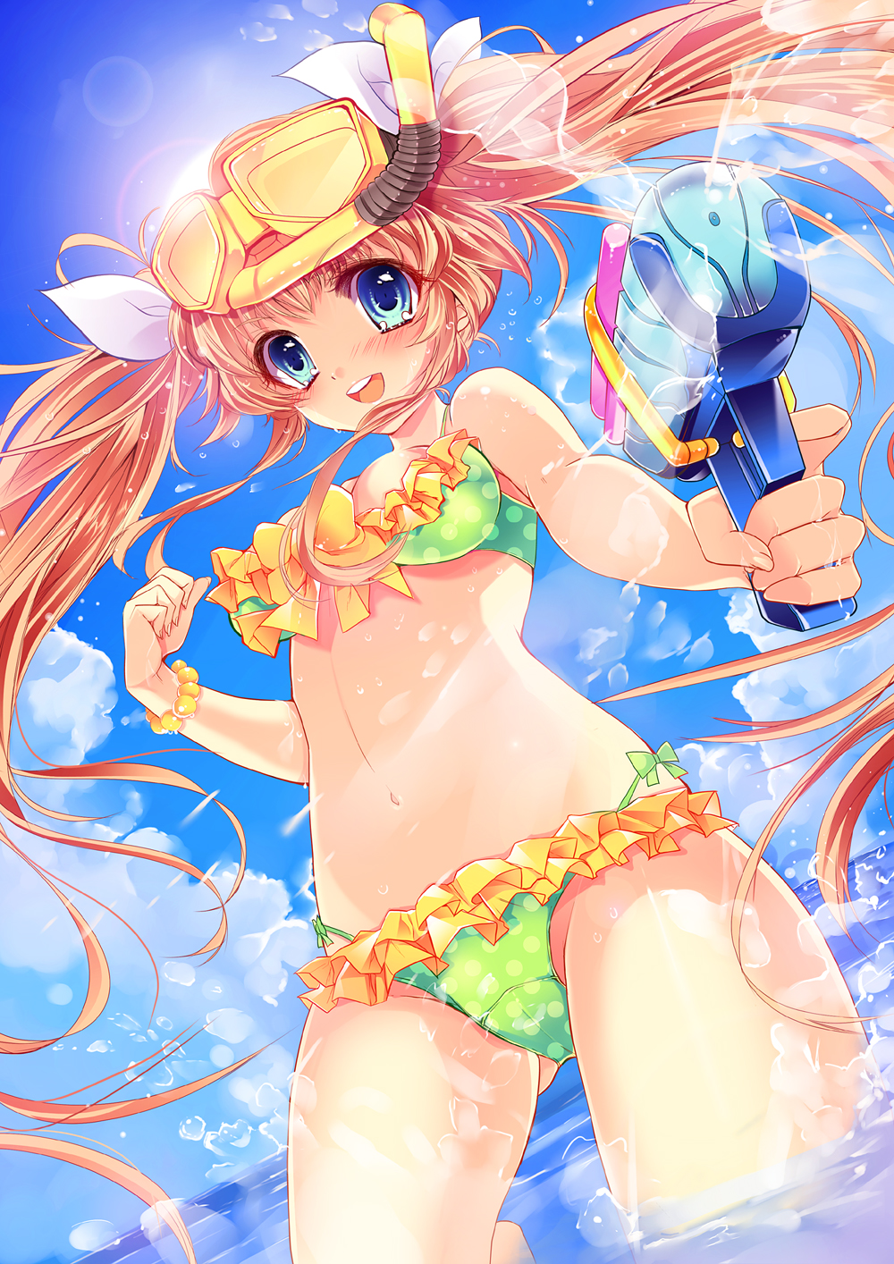 yu (bkks), original, bad id, bad pixiv id, highres, 1girl, bikini, blonde hair, blue eyes, cowboy shot, day, diving mask, dutch angle, female focus, from below, goggles, long hair, polka dot, polka dot bikini, polka dot swimsuit, snorkel, solo, swimsuit, twintails, very long hair, water gun