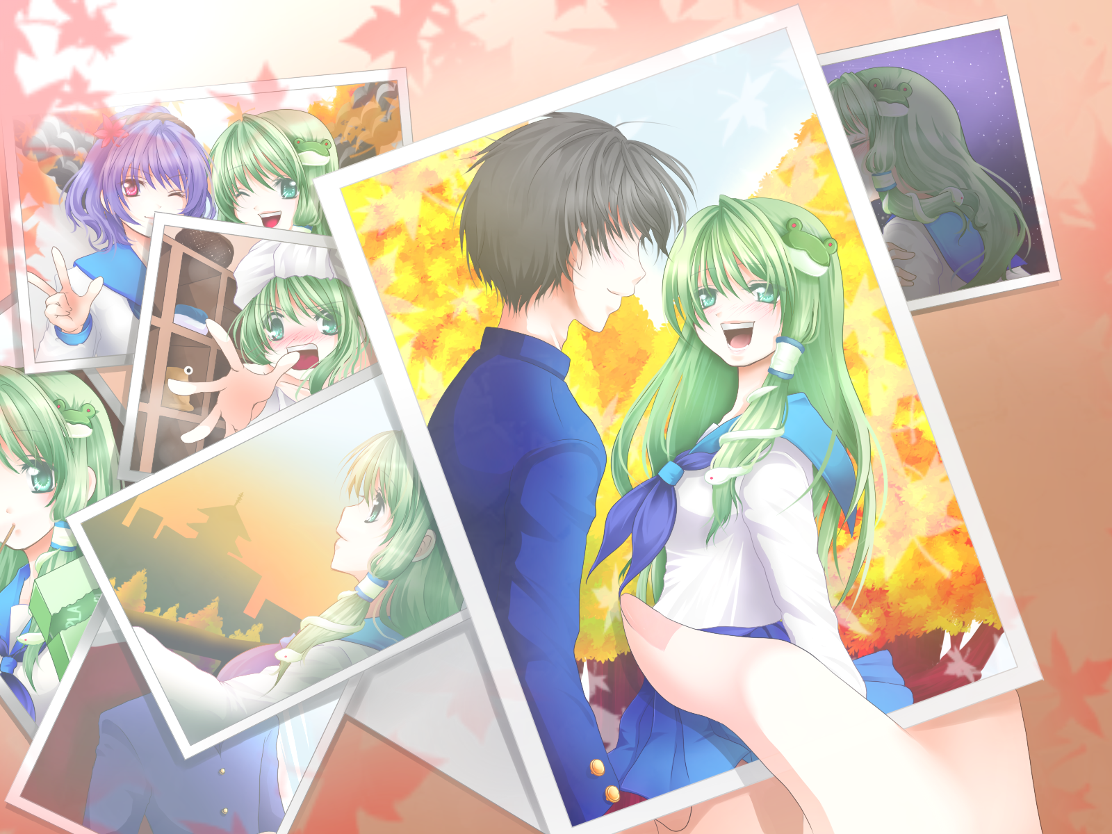 nayuzu, kochiya sanae, yasaka kanako, touhou, bad id, bad pixiv id, highres, 1boy, 2girls, alternate costume, couple, faceless, faceless male, frog, green eyes, green hair, hair ornament, hetero, long hair, multiple girls, purple hair, school uniform, serafuku, short hair, snake, teeth