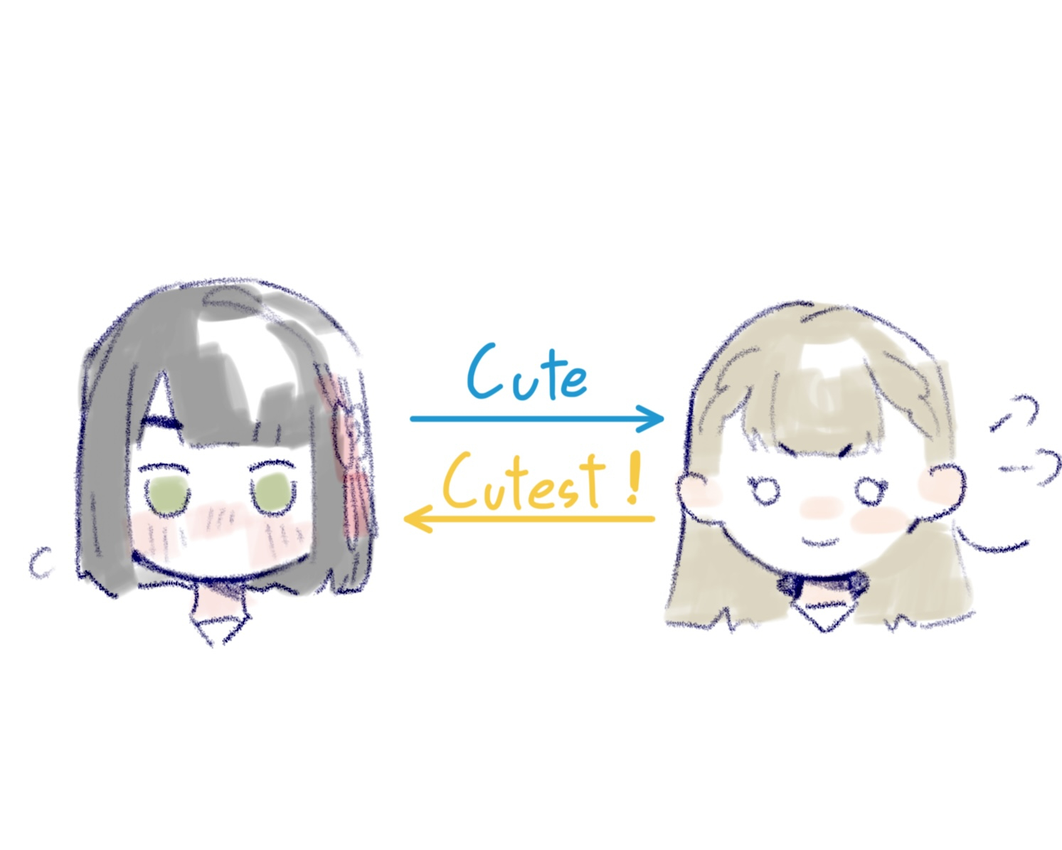 pipi (m1x mix), kachimachi kosuzu, momose ginko, link! like! love live!, love live!, commentary, >:), 2girls, arrow (symbol), black hair, blunt bangs, blunt ends, bob cut, braid, brown hair, center-flap bangs, closed mouth, cropped head, english text, green eyes, multiple girls, no mouth, o o, short hair, side braids, smile, v-shaped eyebrows, virtual youtuber