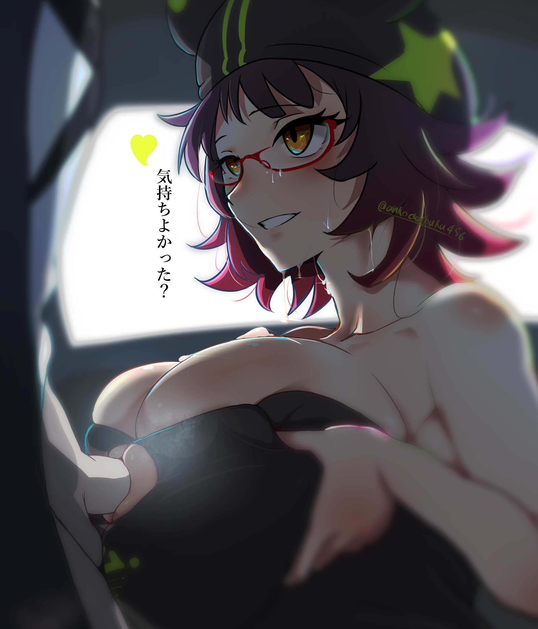 ankodaihuku, deepcolor (arknights), doctor (arknights), male doctor (arknights), arknights, commentary request, highres, translation request, 1boy, 1girl, black dress, blush, breasts, cleavage cutout, clothing cutout, dress, glasses, gradient hair, hat, hetero, huge breasts, multicolored hair, orange eyes, paizuri, penis, perpendicular paizuri, purple hair, red-framed eyewear, red hair, semi-rimless eyewear, short hair, sweat, twitter username, uncensored, under-rim eyewear