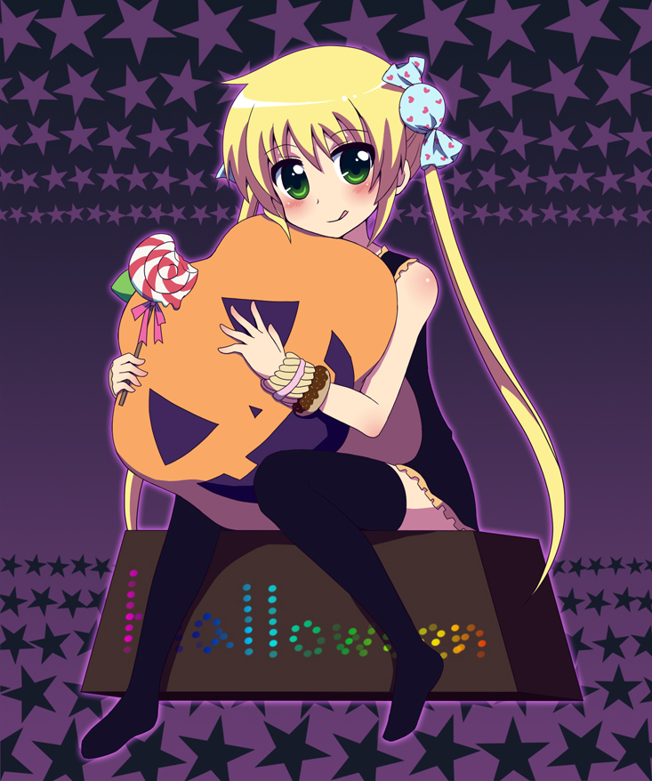 komeko5, sanzen'in nagi, hayate no gotoku!, 00s, 1girl, blonde hair, candy, female focus, food, food-themed clothes, green eyes, halloween, hug, hugging object, jack-o'-lantern, lollipop, long hair, pillow, pillow hug, pumpkin, purple background, rainbow text, sitting, solo, swirl lollipop, thighhighs, tongue, twintails
