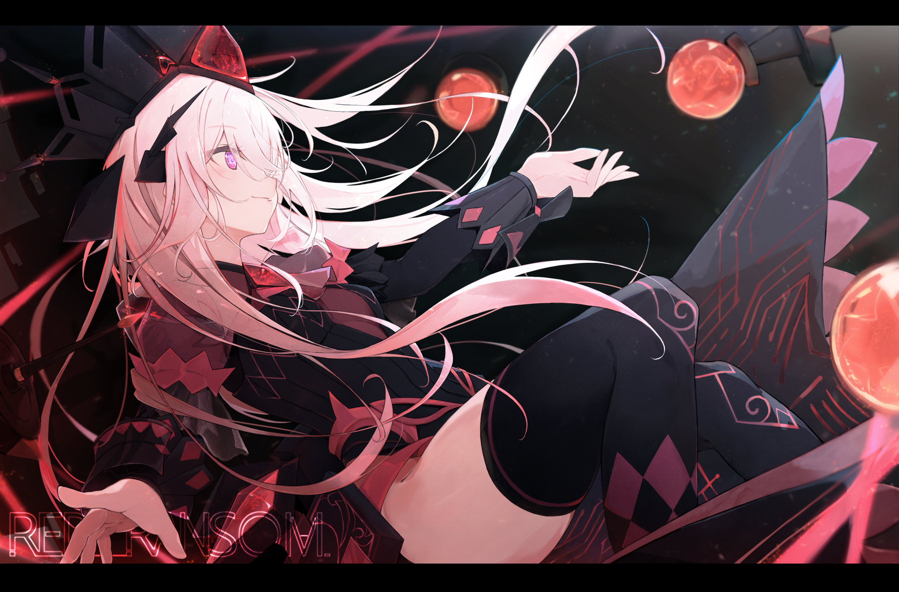 eatos, maliss <q> red ransom, yu-gi-oh!, commentary, english commentary, highres, 1girl, black dress, black thighhighs, breasts, checkered clothes, checkered legwear, closed mouth, crown, dress, duel monster, gradient hair, hair ornament, light blush, long hair, long sleeves, medium breasts, multicolored hair, pink eyes, pink hair, smile, solo, thick thighs, thighhighs, thighs, very long hair, white hair