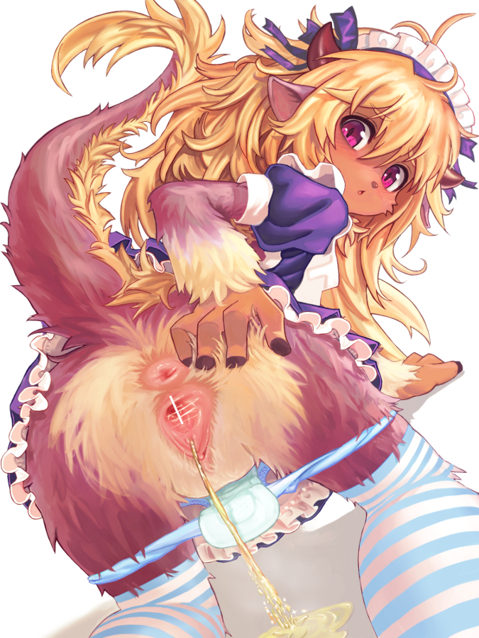 chikokuma, original, bad id, bad pixiv id, 1girl, animal ears, anus, ass, blonde hair, censored, curly hair, female focus, furry, furry female, horns, kneeling, loli, long hair, looking at viewer, maid, panties, panty pull, peeing, pointless censoring, presenting, presenting anus, presenting pussy, purple eyes, pussy, simple background, socks, solo, spread anus, spread legs, spread pussy, striped clothes, striped socks, tail, thighhighs, underwear