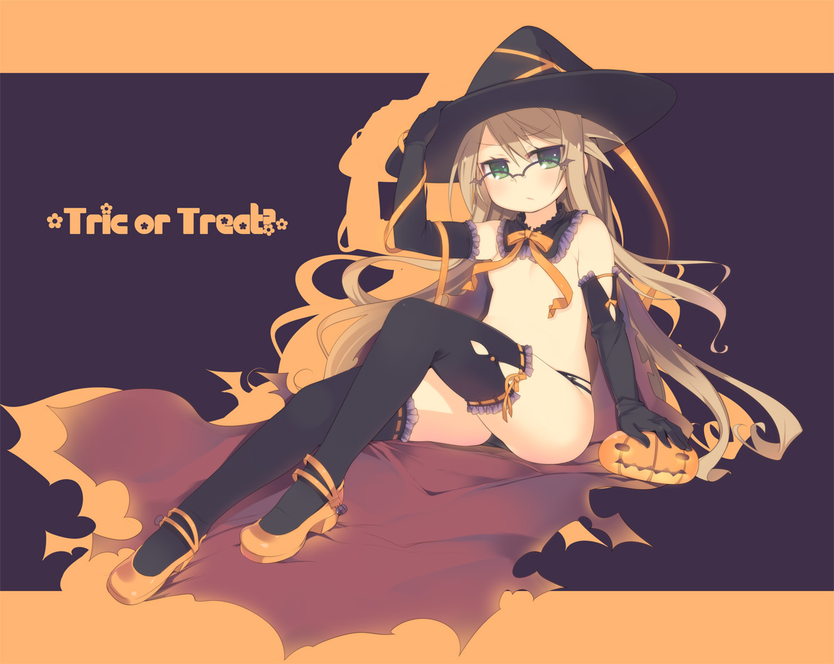 kashiwamochi yomogi, arima senka, original, bad id, bad pixiv id, 1girl, elbow gloves, english text, engrish text, female focus, flat chest, glasses, gloves, green eyes, halloween, jack-o'-lantern, long hair, pumpkin, ranguage, sitting, solo, thighhighs, topless female, trick or treat, typo