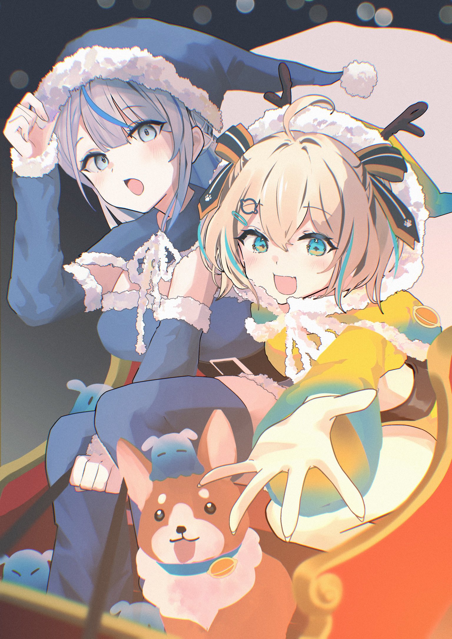 mimiquilike, amagai ruka, appare hinata, weather planet, commentary request, highres, 2girls, alternate costume, blonde hair, blue dress, blue hat, blue streaks, dog, dress, fur-trimmed dress, fur-trimmed headwear, fur trim, grey hair, hat, looking at viewer, medium hair, multicolored hair, multiple girls, open mouth, santa costume, santa dress, santa hat, sleigh, streaked hair, virtual youtuber
