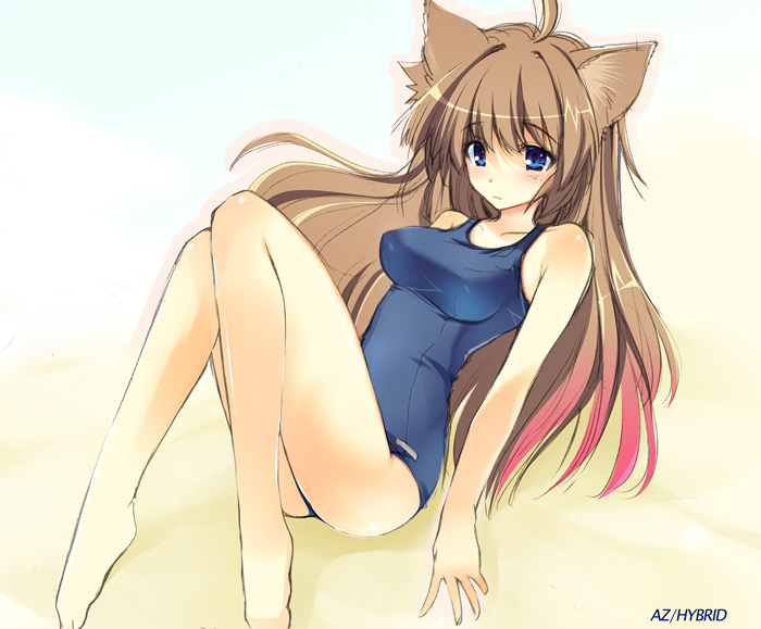 won (az hybrid), 1girl, ahoge, animal ears, barefoot, blue eyes, breasts, brown hair, cat ears, cat girl, feet, female focus, gradient background, long hair, one-piece swimsuit, school swimsuit, solo, swimsuit