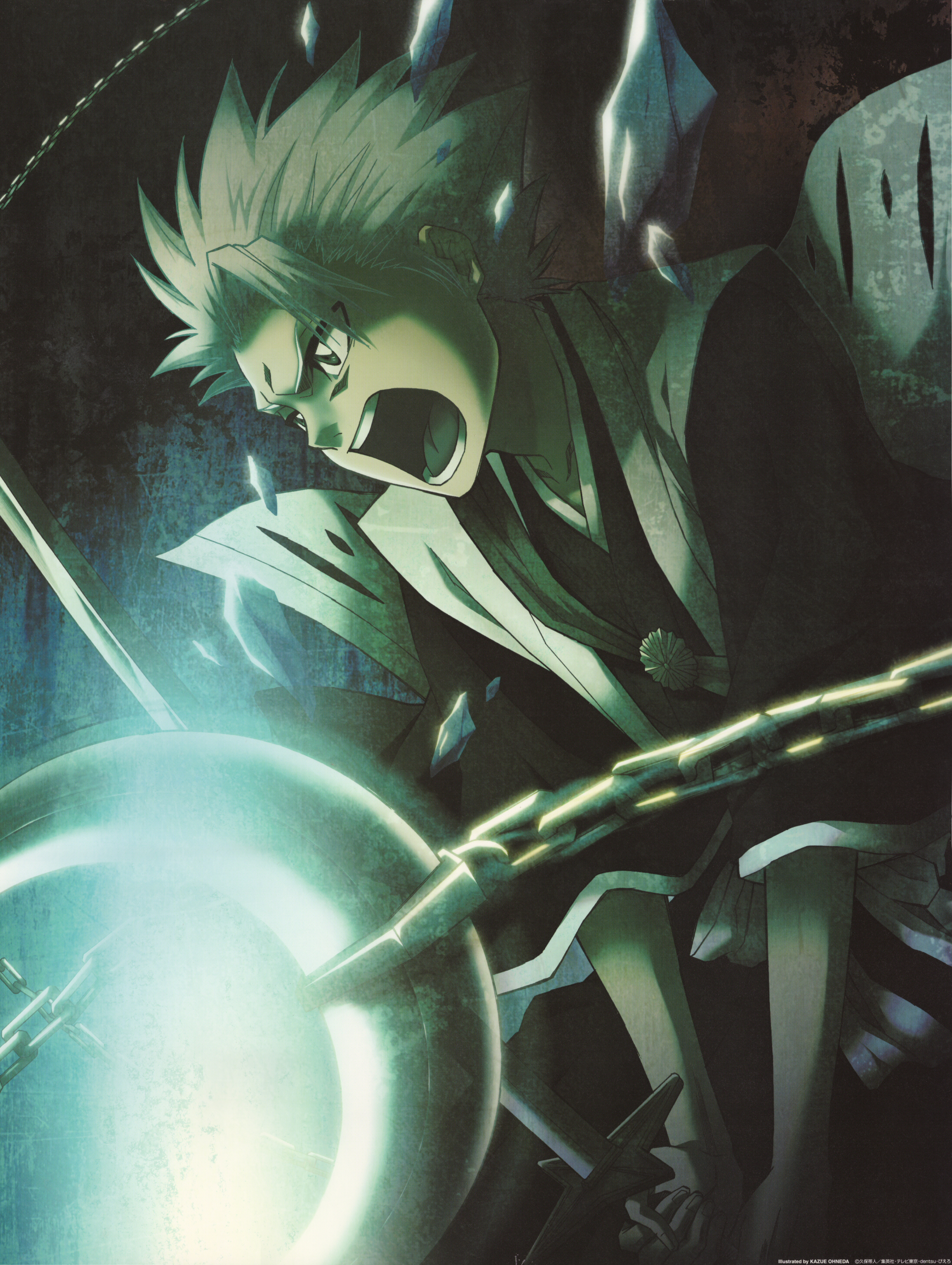 ohneda kazue, hitsugaya toushirou, bleach, absurdres, highres, 00s, 1boy, haori, ice, japanese clothes, male focus, solo, sword, taichou haori, weapon, white hair