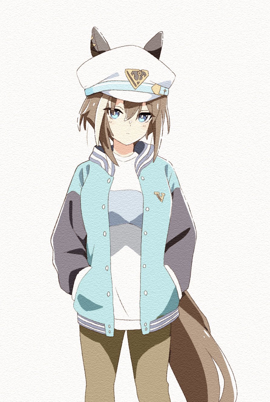 hakugitsu, cheval grand (umamusume), umamusume, highres, 1girl, animal ears, blue eyes, blue jacket, breasts, brown hair, brown pants, closed mouth, ear covers, ears through headwear, hair between eyes, hands in pockets, hat, hat belt, horse ears, horse girl, horse tail, jacket, long hair, looking at viewer, multicolored hair, open clothes, open jacket, pants, shirt, simple background, solo, streaked hair, tail, white background, white hair, white hat, white shirt