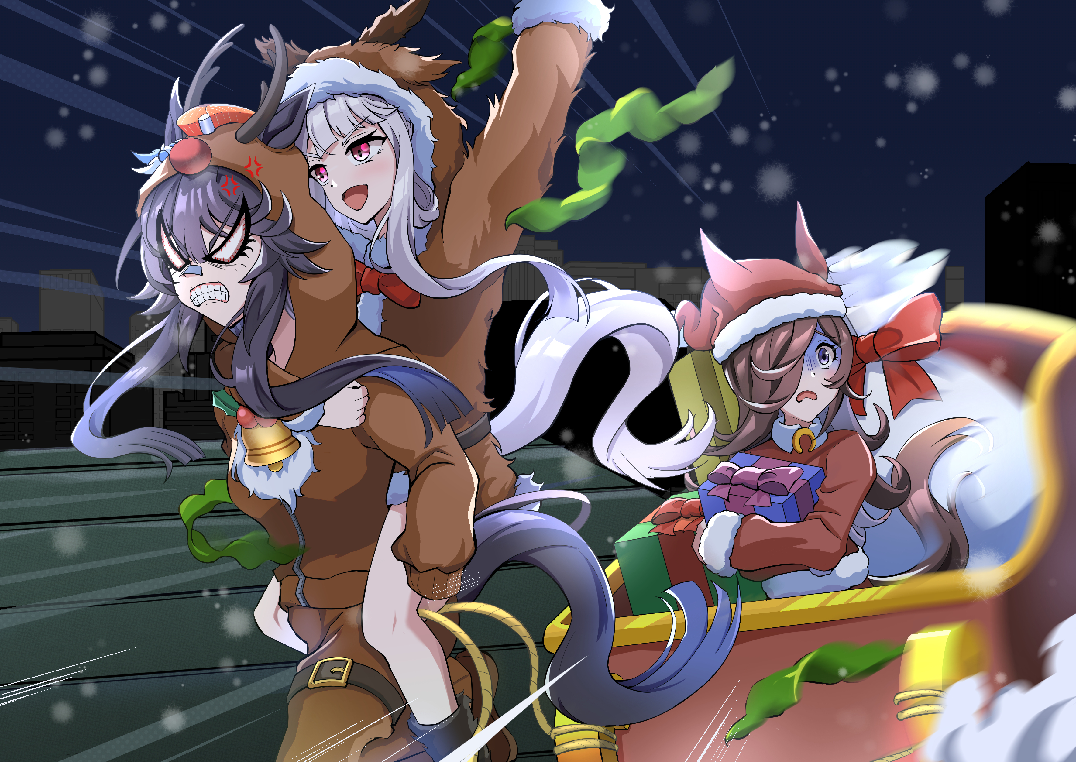tatsuki 020104, gold ship (umamusume), narita brian (umamusume), rice shower (umamusume), umamusume, absurdres, commentary request, highres, 3girls, anger vein, animal costume, animal ears, antlers, bandaid, bandaid on face, bandaid on nose, bell, black hair, blunt bangs, blush, bow, box, breasts, brown hair, carrying, christmas, clenched teeth, deer ears, dress, ears through headwear, fake antlers, flipped hair, fur-trimmed dress, fur-trimmed headwear, fur trim, gift, gift box, grey hair, hair between eyes, hair over one eye, hat, hat with ears, holding, holding gift, hood, hood up, horns, horse ears, horse girl, horse tail, long hair, long sleeves, medium breasts, merry christmas, multiple girls, piggyback, purple eyes, red bow, red dress, red hat, reindeer antlers, reindeer costume, sack, santa costume, santa dress, santa hat, shaded face, sleigh, tail, teeth