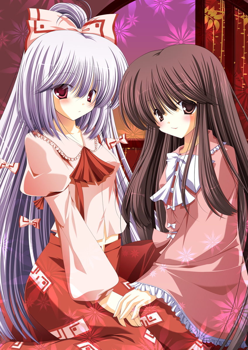 hiyori-o, fujiwara no mokou, houraisan kaguya, touhou, silver hair, bad id, bad pixiv id, highres, 2girls, blush, bow, brown eyes, brown hair, female focus, hair bow, hair ribbon, long hair, multiple girls, multiple hair bows, red eyes, ribbon, suspenders
