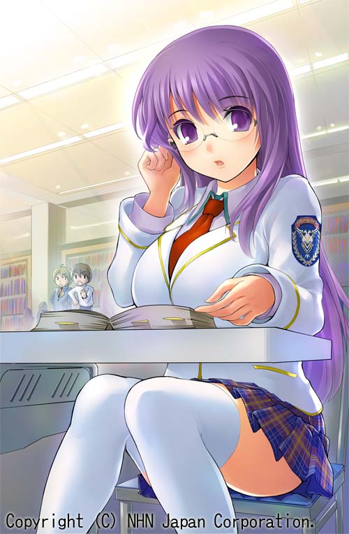 momose hisashi, asakura tomoko, sakujo, 1girl, adjusting eyewear, book, breasts, female focus, glasses, large breasts, long hair, necktie, plaid clothes, plaid skirt, purple eyes, purple hair, school uniform, sitting, skirt, solo, thighhighs, white thighhighs, zettai ryouiki