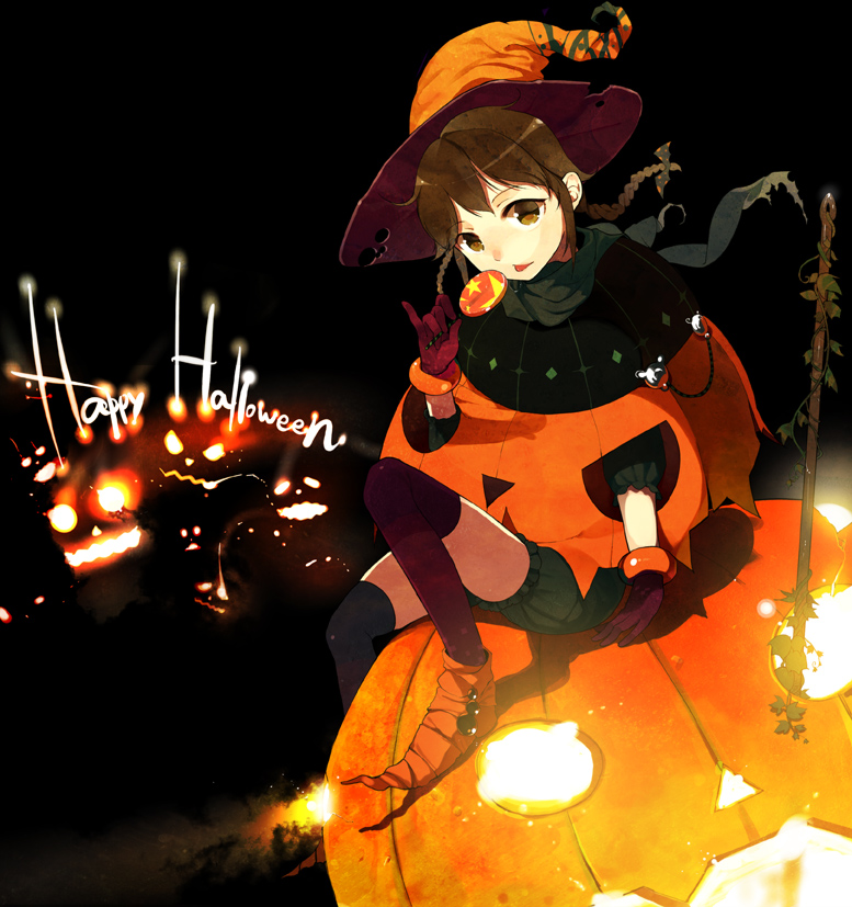 sasamori tomoe, bad id, bad pixiv id, 1girl, brown eyes, brown hair, candy, female focus, food, gloves, halloween, happy halloween, hat, jack-o'-lantern, pumpkin, pumpkin costume, solo, thighhighs, witch hat